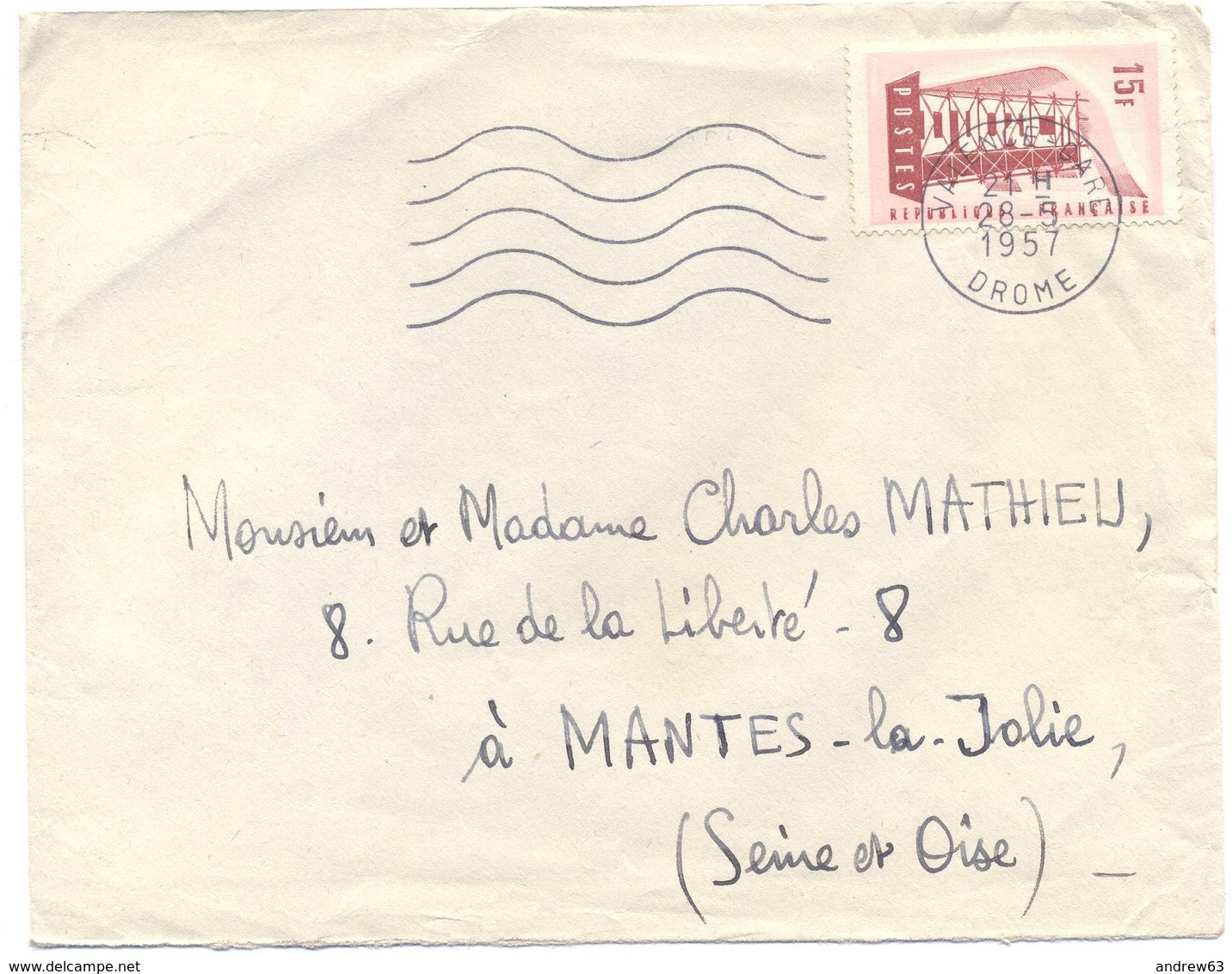FRANCIA - France - 1957 - 15F Europa Cept - Viaggiata Da Valence Per Mantes-la-Jolie - Storia Postale