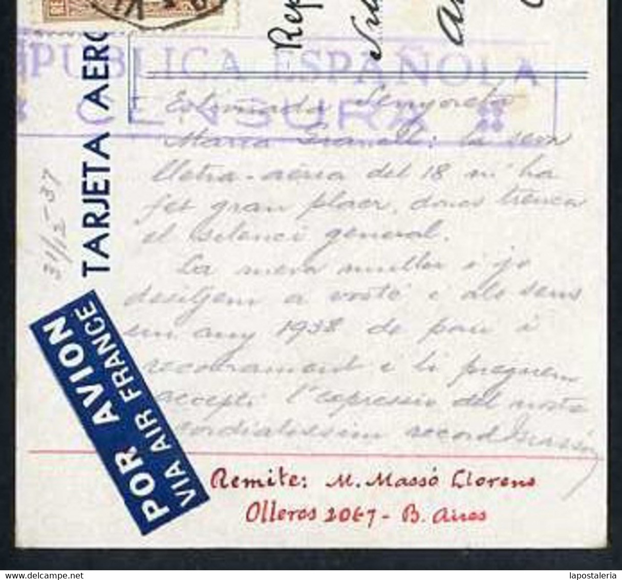 Firma *Manuel Massó I Llorens (1876-1952)* Politico. Postal *Air France 1934* Circulada 1937. - Manuscritos
