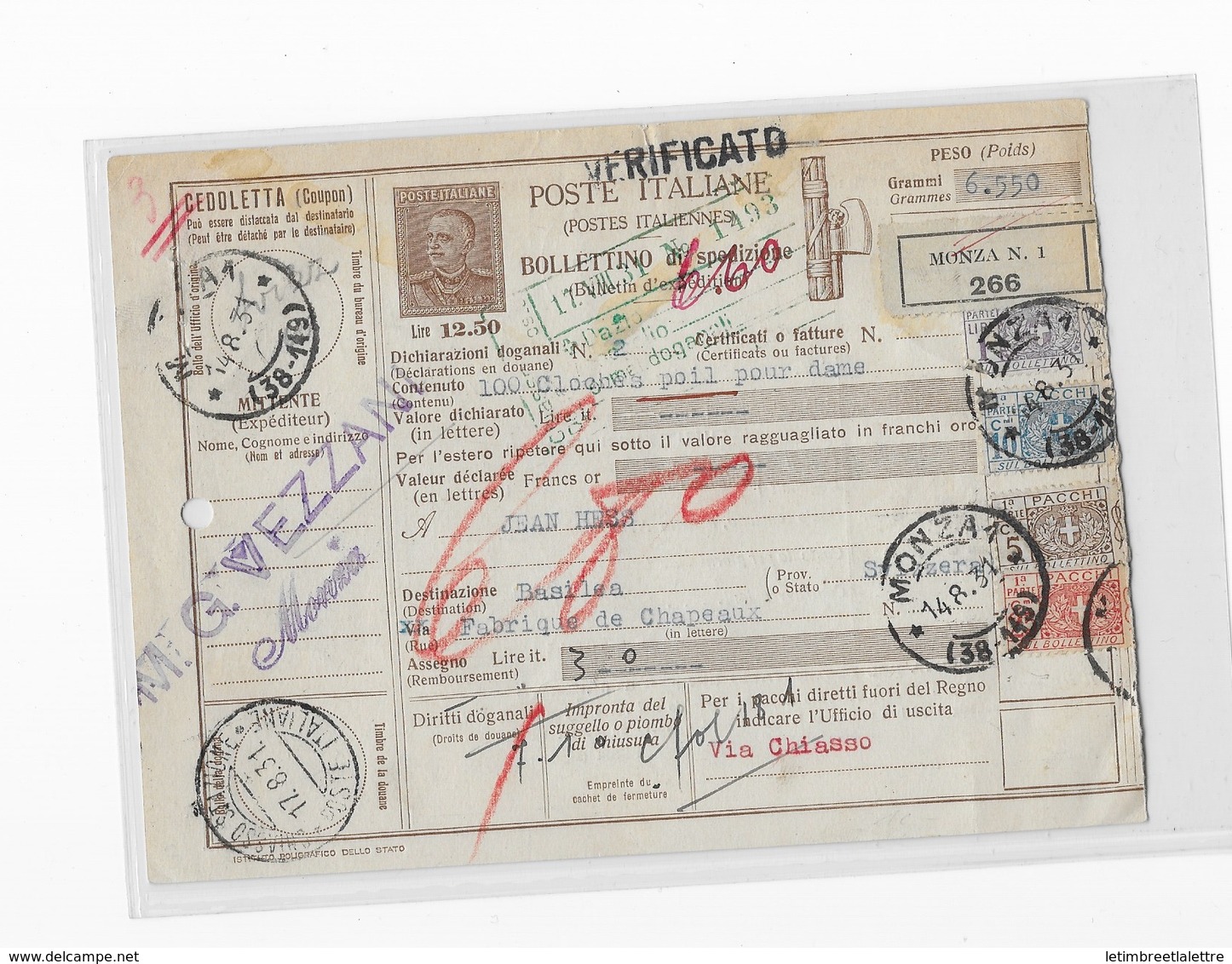 ⭐ Italie - Bulletin D'expédition De Monza Pour La Suisse - Timbres Colis Postaux - 1931 ⭐ - Postal Parcels