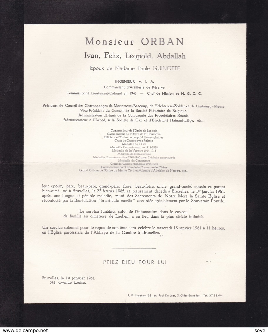 MARIEMONT BRUXELLES Ivan ORBAN époux GUINOTTE Ingénieur 1885-1961 Charbonnages Mariemont-Bascoup - Obituary Notices