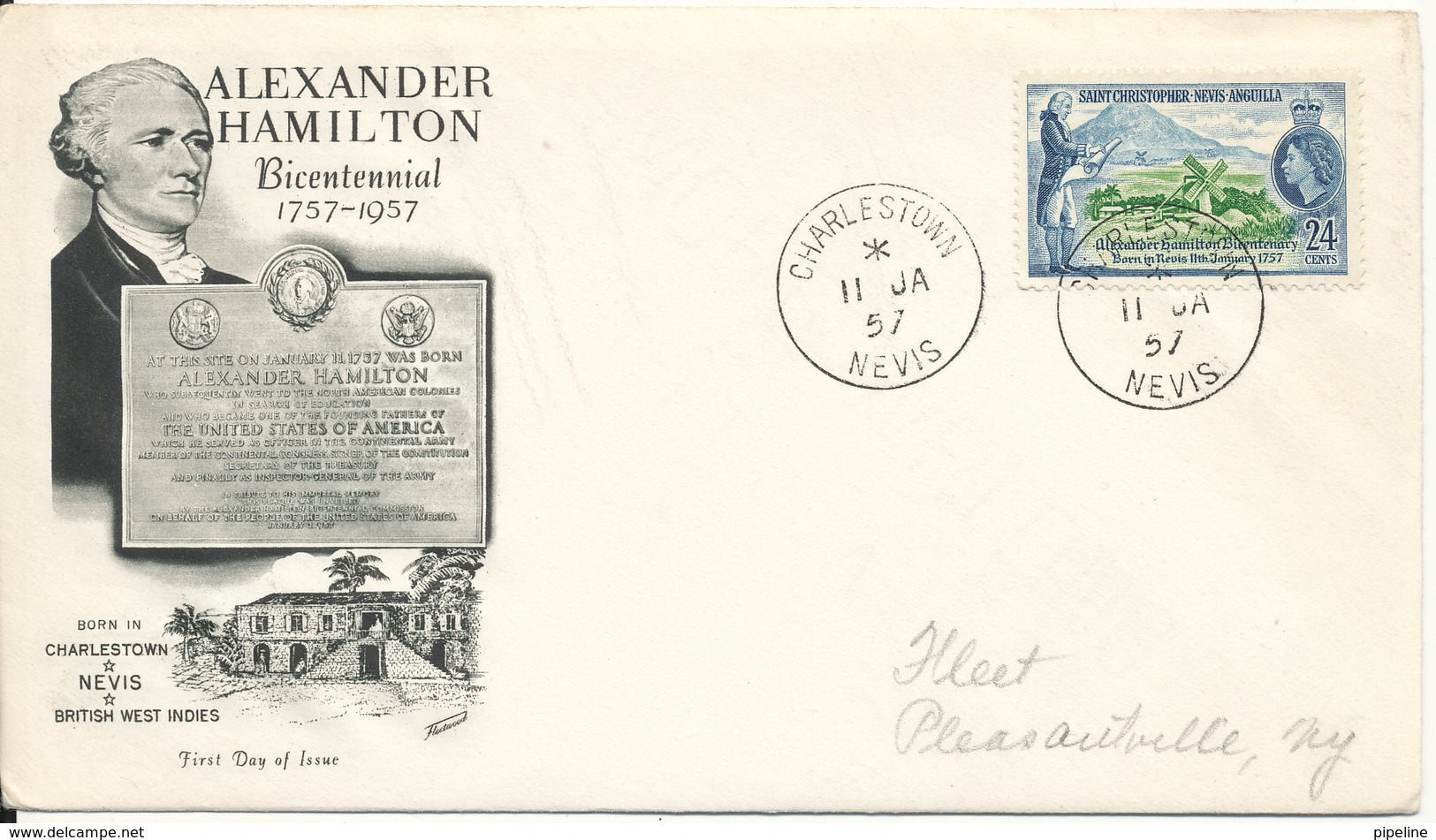 St. Christopher - Nevis - Anguilla FDC 11-1-1957 Alexander Hamilton Bicentennial With Cachet - St.Christopher-Nevis-Anguilla (...-1980)