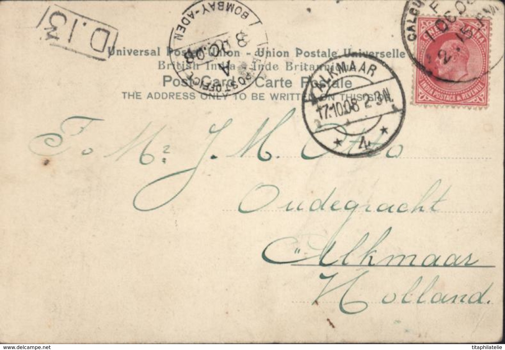 YT 75 Edouard VII British India CPA The Strand Calcutta CAD Sea Post Office Bombay Aden 8 Oc 08 Pour Alkmaar Hollande - 1902-11  Edward VII