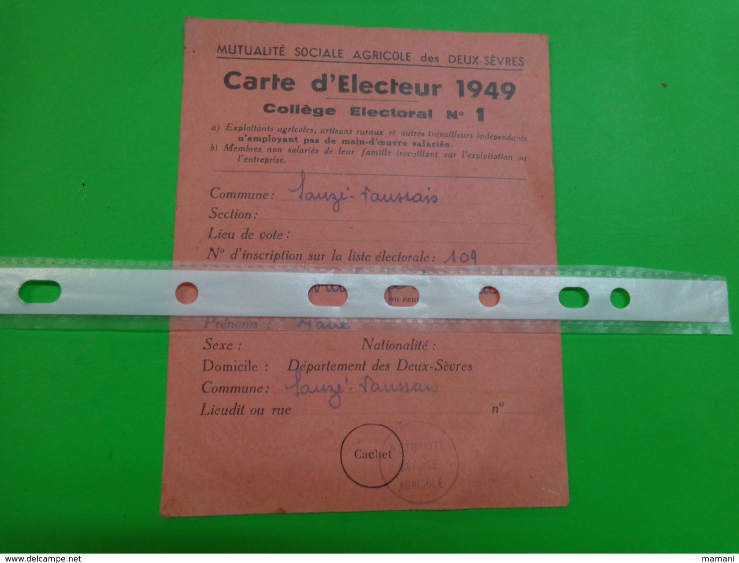 Carte D'electeur 1949 Mutualite Sociale Agricole Des Deux Sevres - Documents Historiques