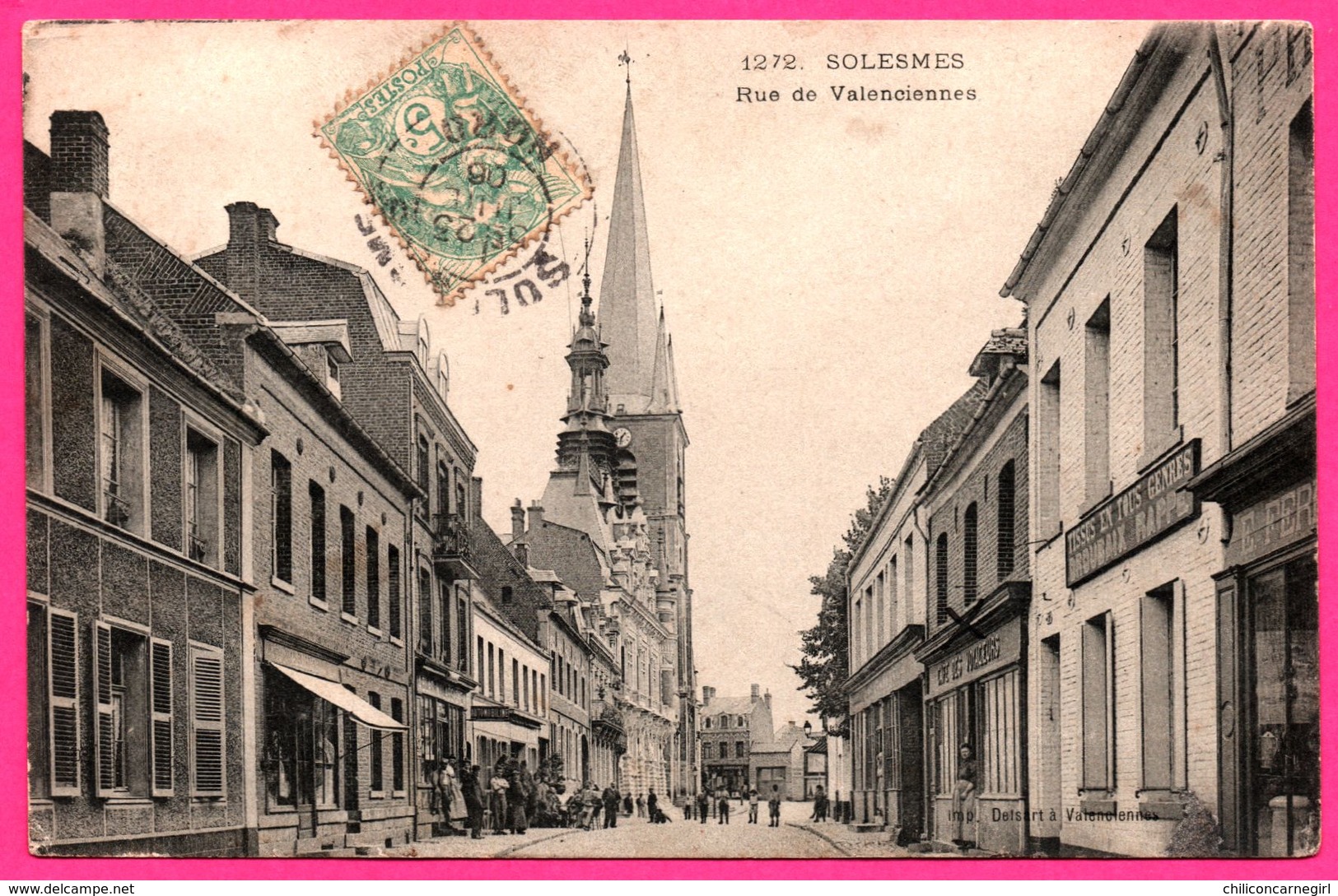 Solesmes - Rue De Valenciennes - Eglise - Café Des Voyageurs - Tissus - Animée - Edit. DELSART - 1908 - Solesmes