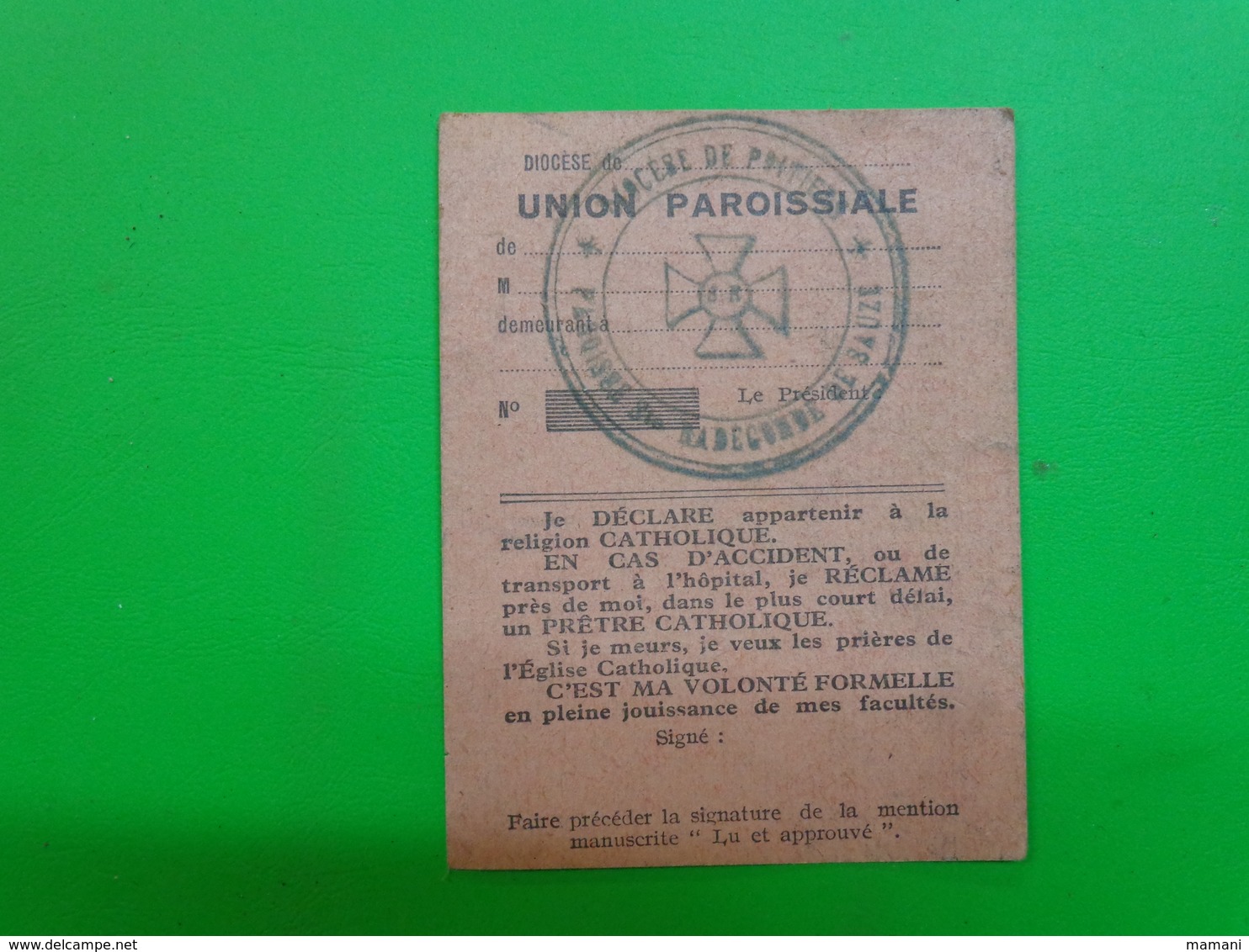 Carte Individuelle Federation D'action Catholique 1952-union Paroissiale Diocese Dans Les Deux Sevres  6x8cm - Documents Historiques