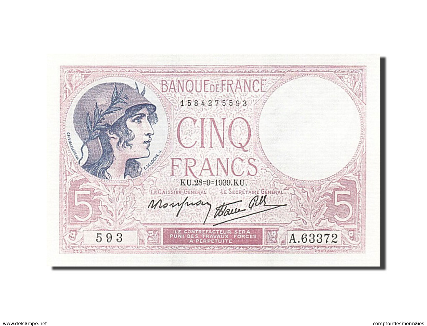 Billet, France, 5 Francs, 1937-1939, 1939-09-28, NEUF, Fayette:4.10, KM:83 - 5 F 1917-1940 ''Violet''