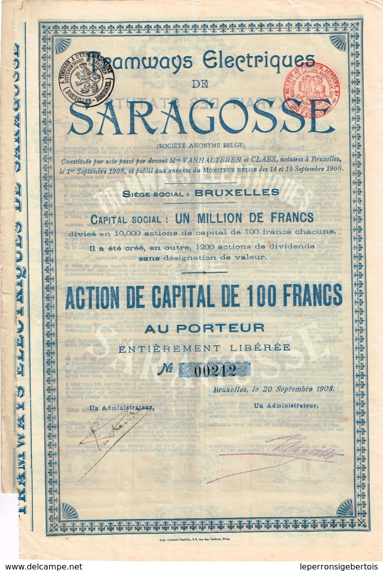 Action Ancienne - Tramways Electriques De Saragosse - Titre De 1908 - Titre N° 00212 - Chemin De Fer & Tramway