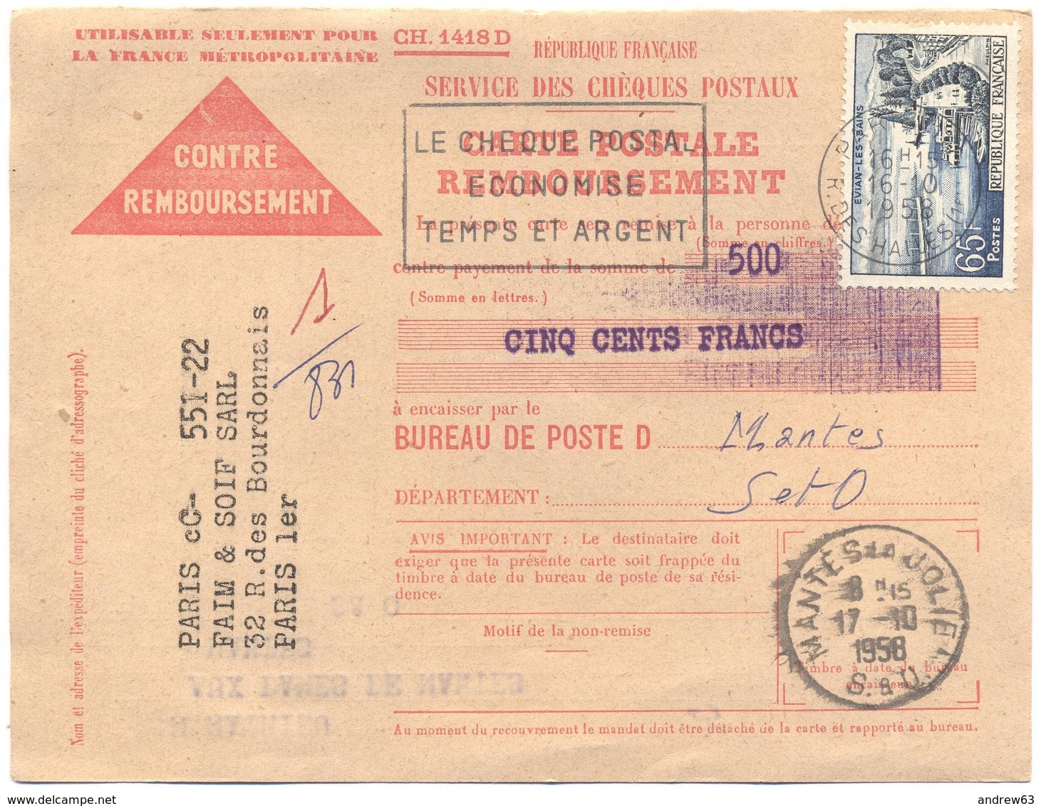 FRANCIA - France - 1958 - 65F Évian-les-Bains + Flamme Le Chèque Postal économise Temps Et Argent - Carte Postale - Cont - Storia Postale