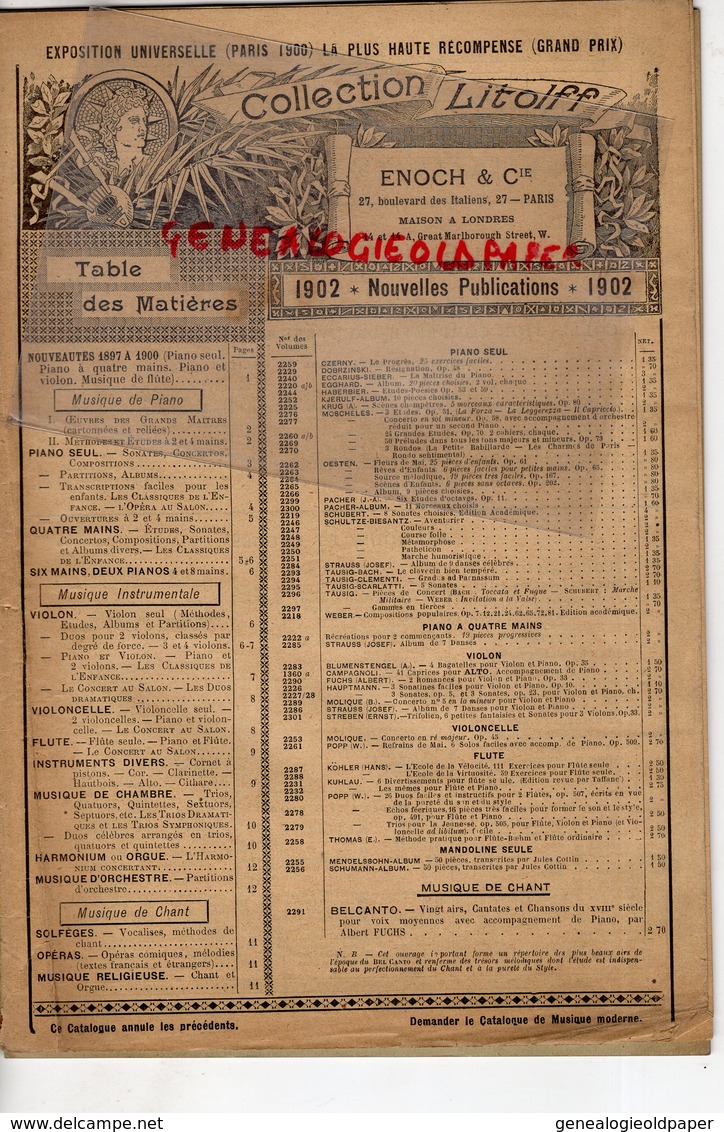 75- PARIS- CATALOGUE PARTITIONS COLLECTION LITOFF- ENOCH-27 BD. ITALIENS- PIANO VIOLON VIOLONCELLE FLUTE-1902 - Scores & Partitions