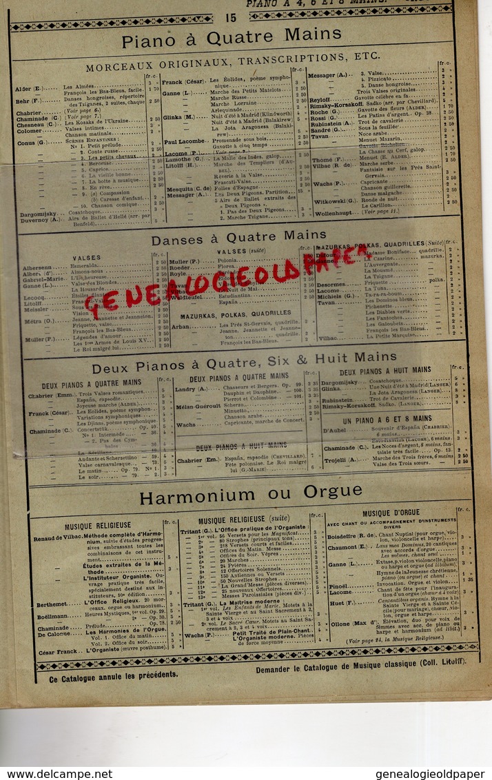 75- PARIS- CATALOGUE PARTITIONS COLLECTION LITOFF- ENOCH-27 BD. ITALIENS- PIANO VIOLON VIOLONCELLE FLUTE-1897 - Partituren