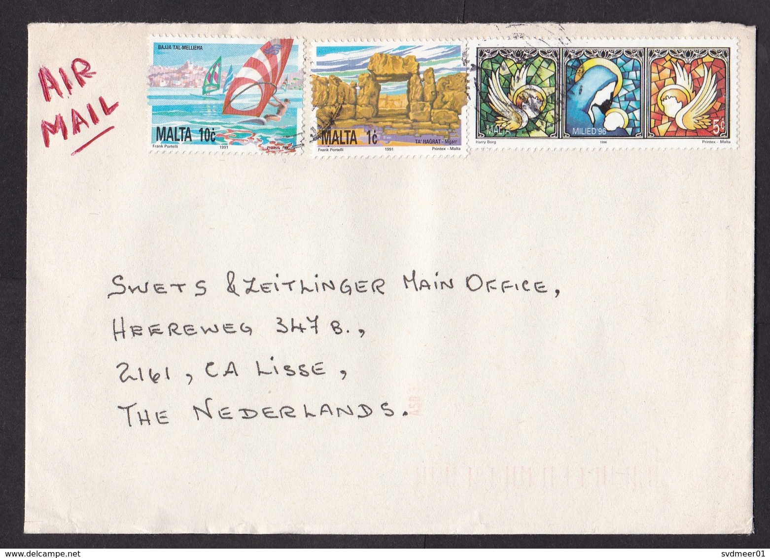 Malta: Airmail Cover To Netherlands, 3 Stamps, Wind Surfing, Rock Formation, Church Window (roughly Opened) - Malta