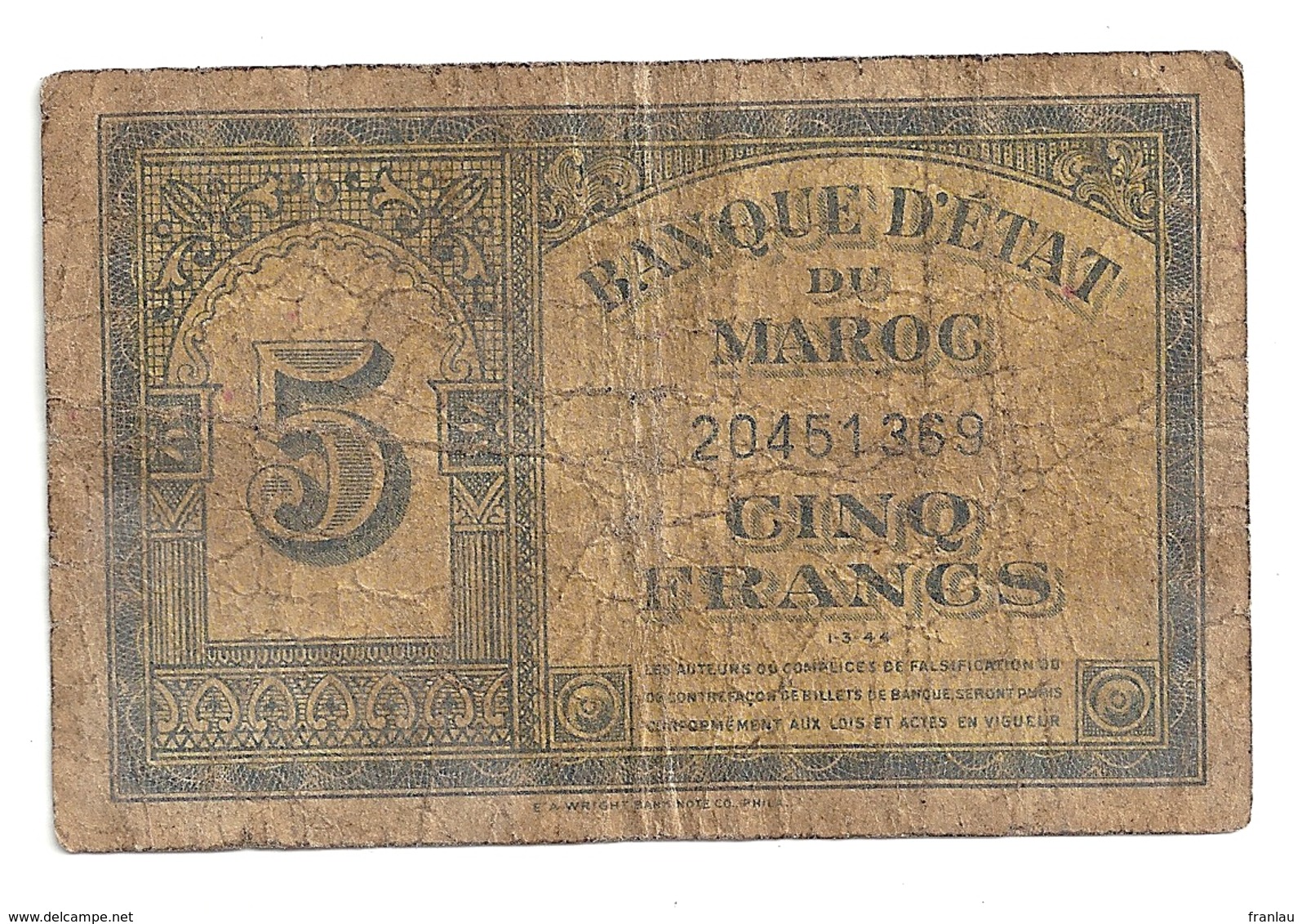 Maroc 5 Francs 1944 - Marocco