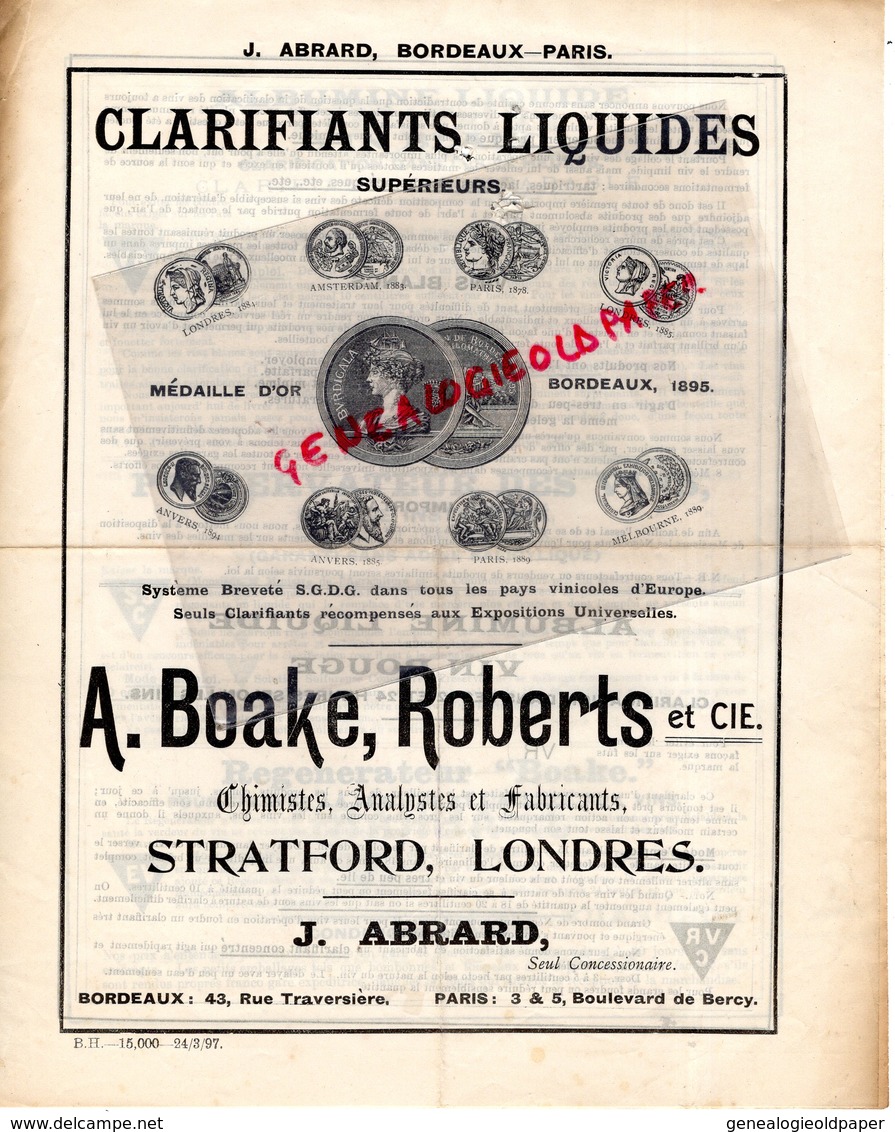 33- BORDEAUX- 75-PARIS- CATALOGUE A. BOAKE ROBERTS- CHIMISTES -STRATFORD LONDRES- J. ABRARD- CHIMIE CHIMISTE 1895 - Petits Métiers