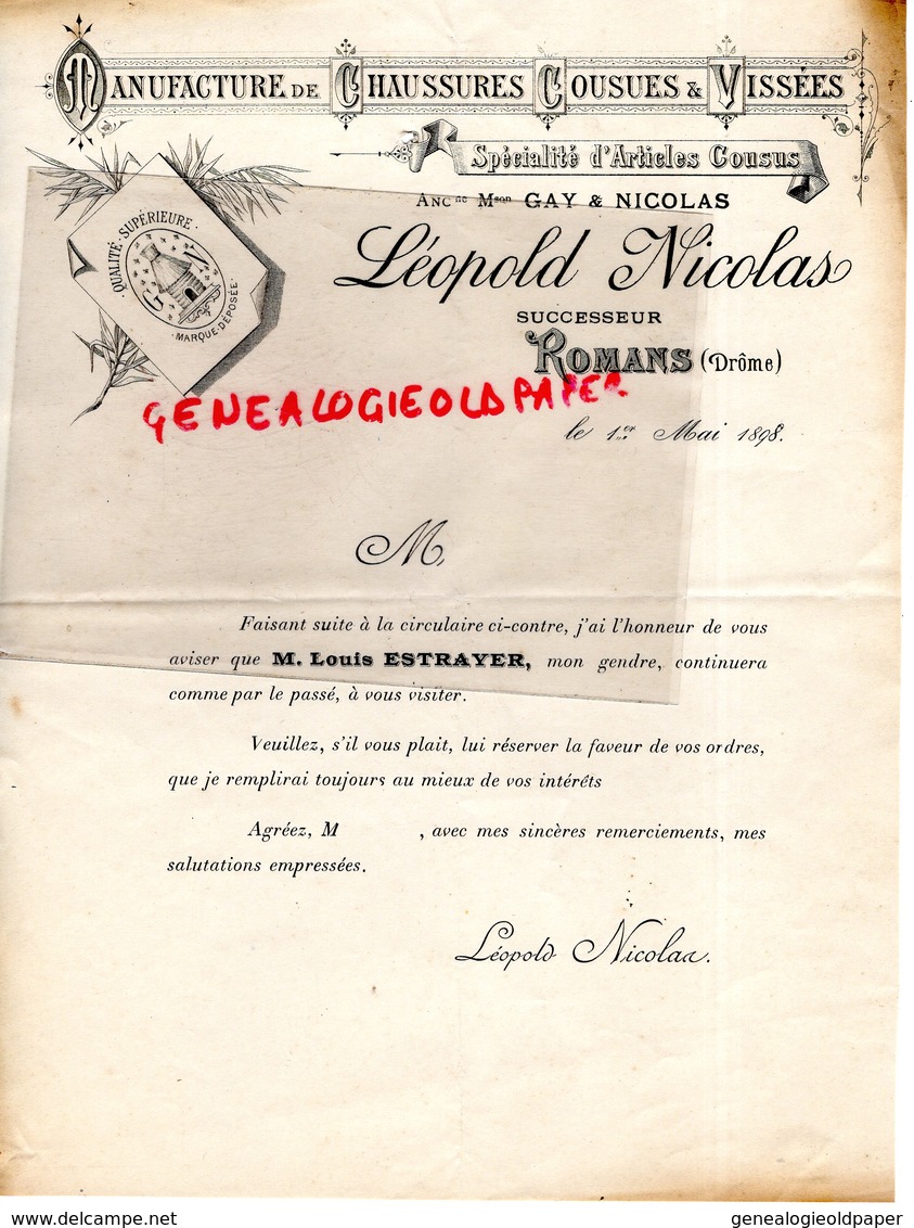 26- ROMANS- LETTRE LEOPOLD NICOLAS- MAISON GAY- MANUFACTURE CHAUSSURES - 1898 LOUIS ESTRAYER - Petits Métiers