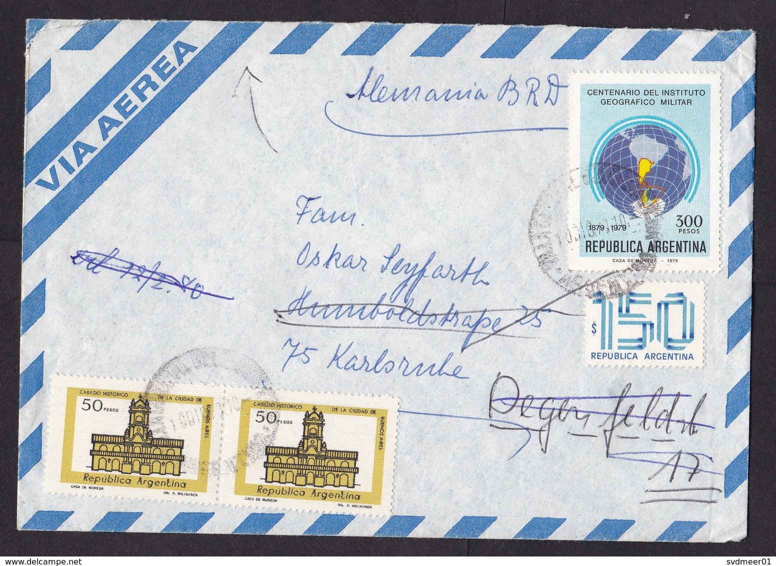 Argentina: Airmail Cover To Germany, 1979, 4 Stamps, Military Geography, Map, Returned, Retour Markings (traces Of Use) - Brieven En Documenten