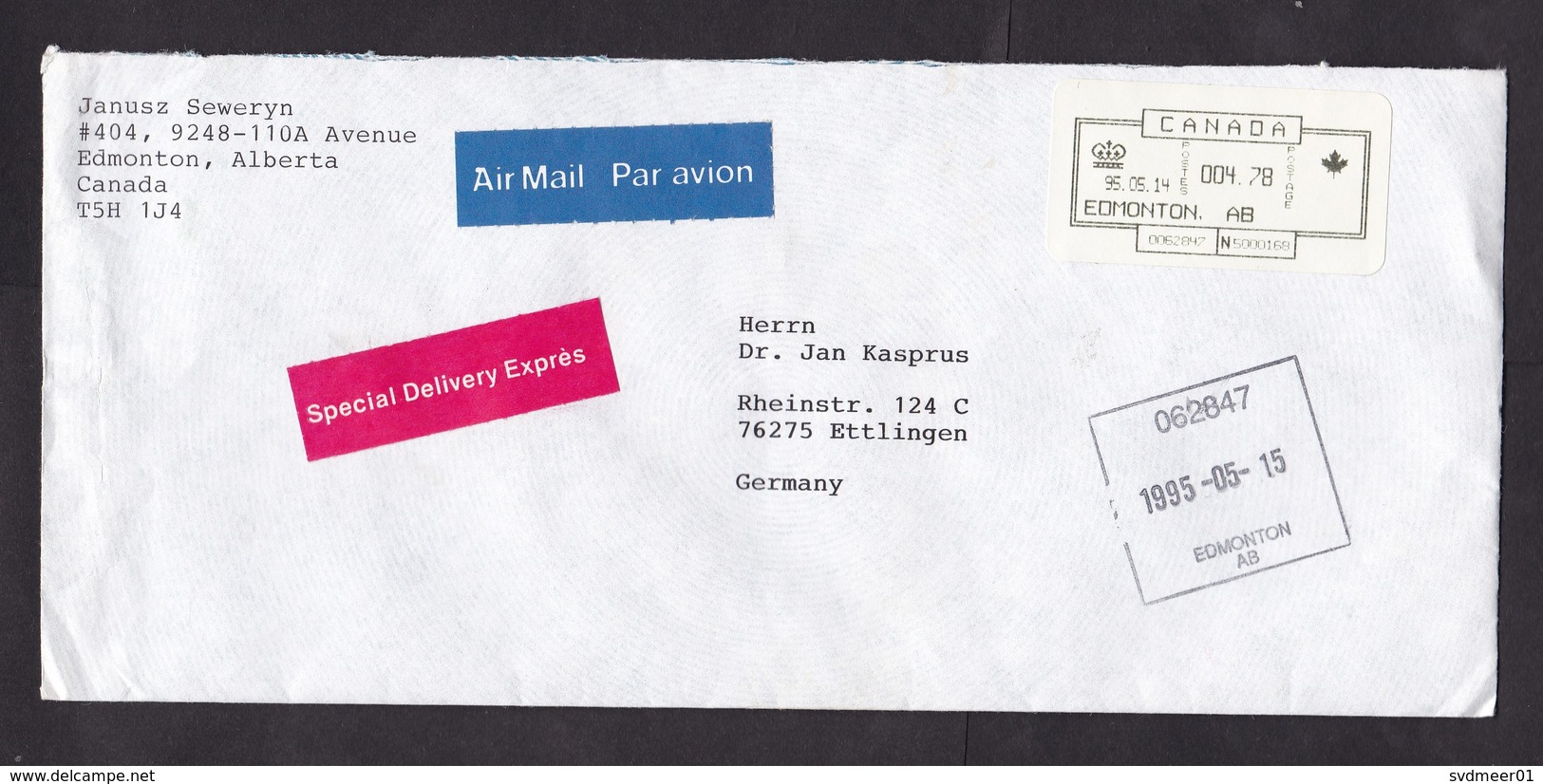 Canada: Express Airmail Cover To Germany, 1993, ATM Machine Label, Square Cancel Edmonton, Expres Label (traces Of Use) - Brieven En Documenten