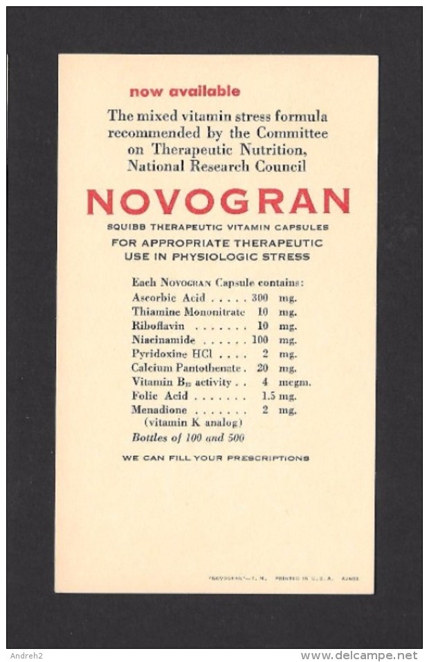 PUBLICITÉ - ADVERTISING - CARTE PRÉTIMBRÉE US - STAMPED CARD US - NOVOGRAN SQUIBB THERAPEUTIC VITAMIN CAPSULES - Publicité