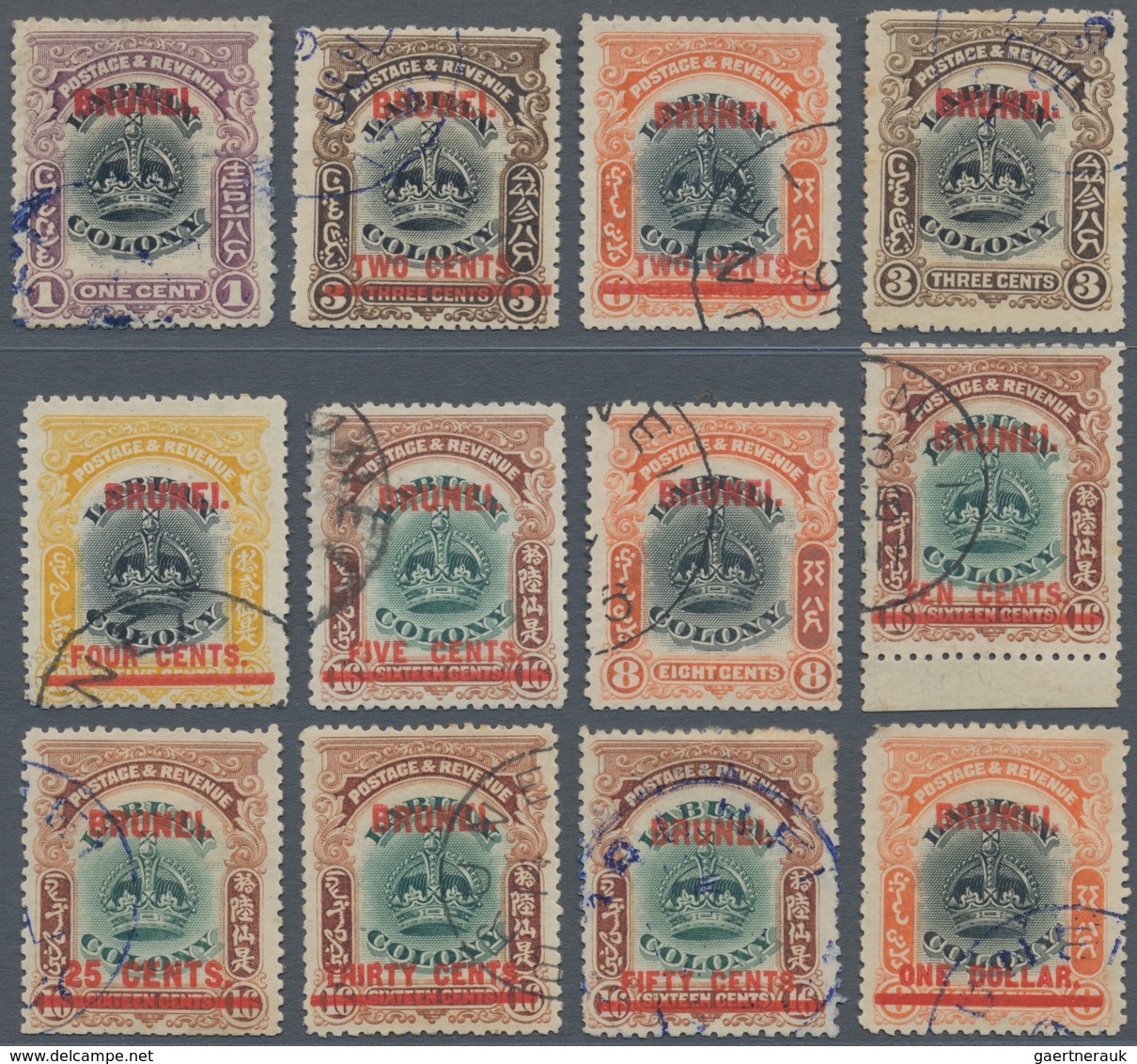 05011 Brunei: 1906, Labuan Stamps With Red Opt. 'BRUNEI' Complete Set Of 12 Fine Used Incl. 10c. From Lowe - Brunei (1984-...)