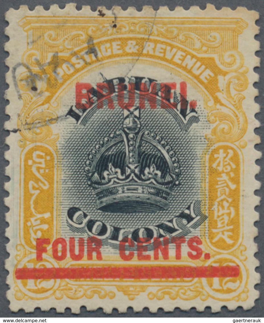 05012 Brunei: 1906, Labuan Stamp 4c. On 12c. Black And Yellow With Red Opt. 'BRUNEI' With Variety 'line Th - Brunei (1984-...)