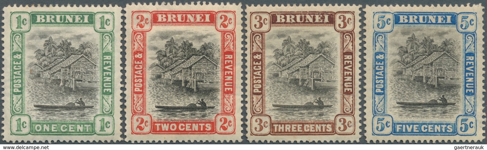 05014 Brunei: 1907, 'Huts And Canoe' Four Different Stamps 1c. To 3c. And 5c. All With REVERSED WATERMARK, - Brunei (1984-...)