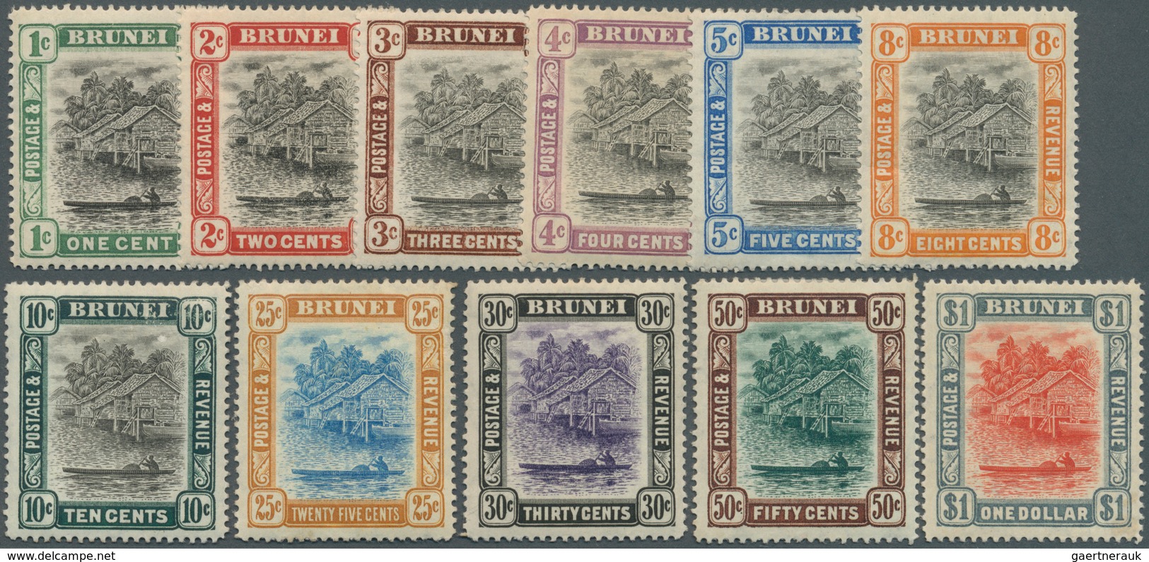 05016 Brunei: 1907, 'Huts And Canoe' Complete Set Of 11 Mint Hinged, SG. £ 200 - Brunei (1984-...)