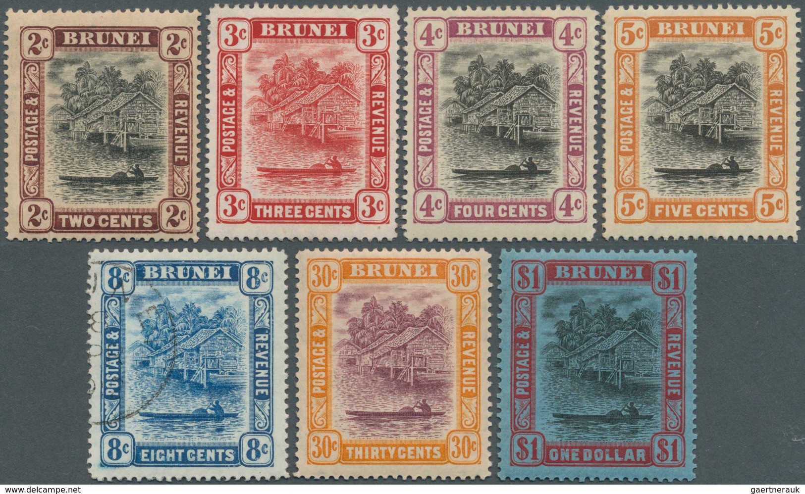 05021 Brunei: 1908/1931, 'Huts And Canoe' Seven Different Stamps All With 'SKY RETOUCH At Upper Left' (Pos - Brunei (1984-...)