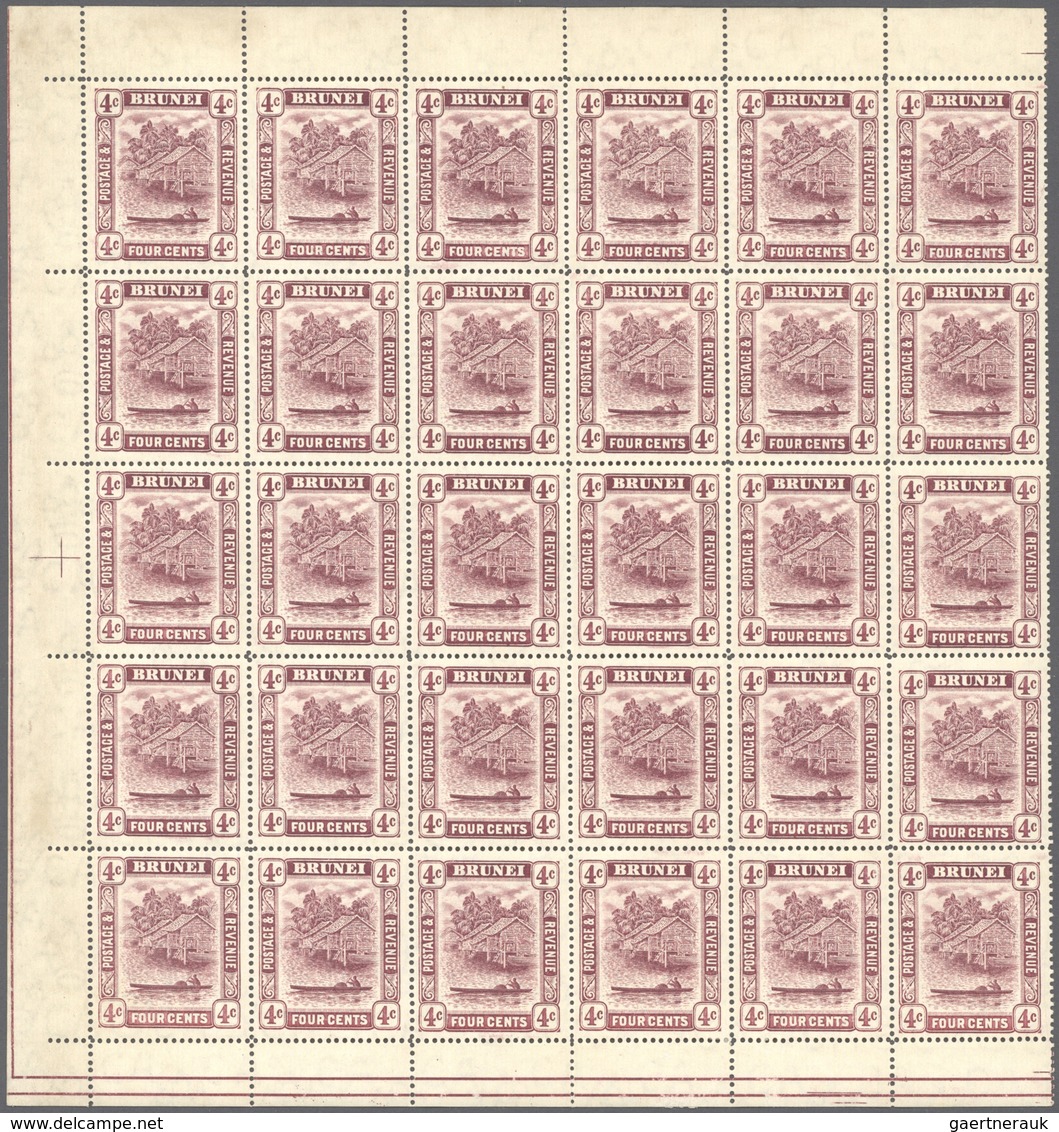 05023 Brunei: 1912, 'Huts And Canoe' 4c. Claret Part Sheet Of 30 With Margins On Three Sides, MNH But Tone - Brunei (1984-...)