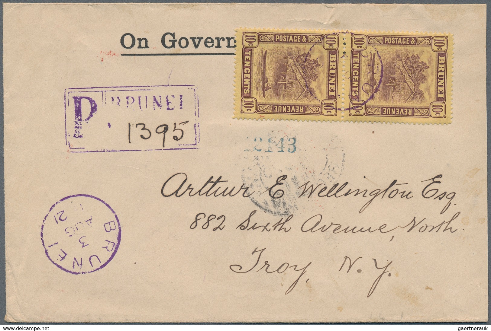 05026 Brunei: 1912, 10 C Purple/yellow, Vertical Pair As Multiple Franking On Registered Cover With Violet - Brunei (1984-...)