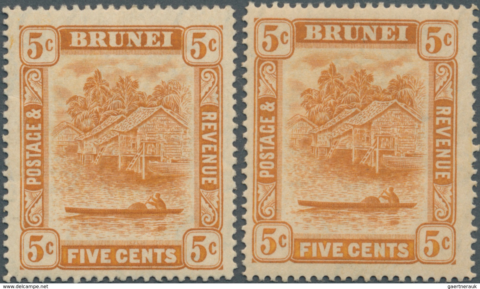 05028 Brunei: 1916, 'Huts And Canoe' 5c. Orange With RETOUCHED '5c' Mint Lightly With Small Creases, With - Brunei (1984-...)