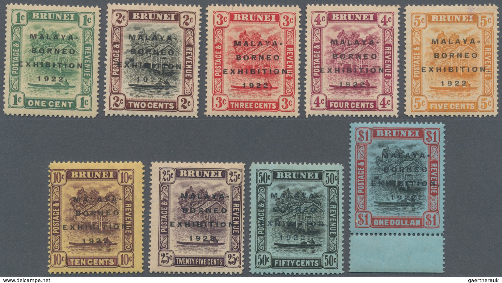 05029 Brunei: 1922, Malaya-Borneo Exhibition Complete Set Of 9 Mint Hinged ($1 From Lower Margin), SG. £ 2 - Brunei (1984-...)