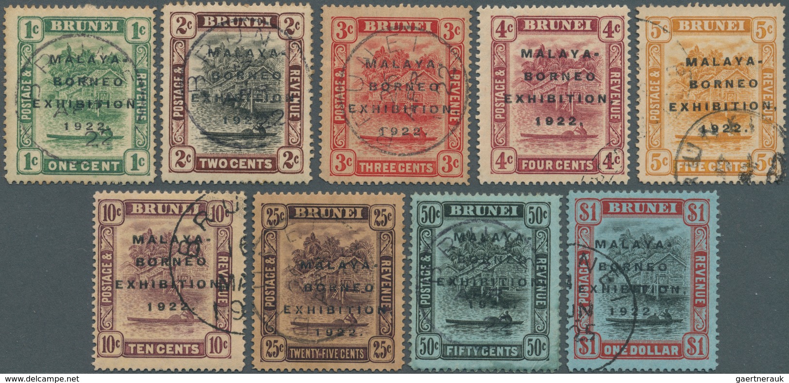 05030 Brunei: 1922, Malaya-Borneo Exhibition Complete Set Of 9 Fine Used (3c. Minor Faults And A Few Stamp - Brunei (1984-...)