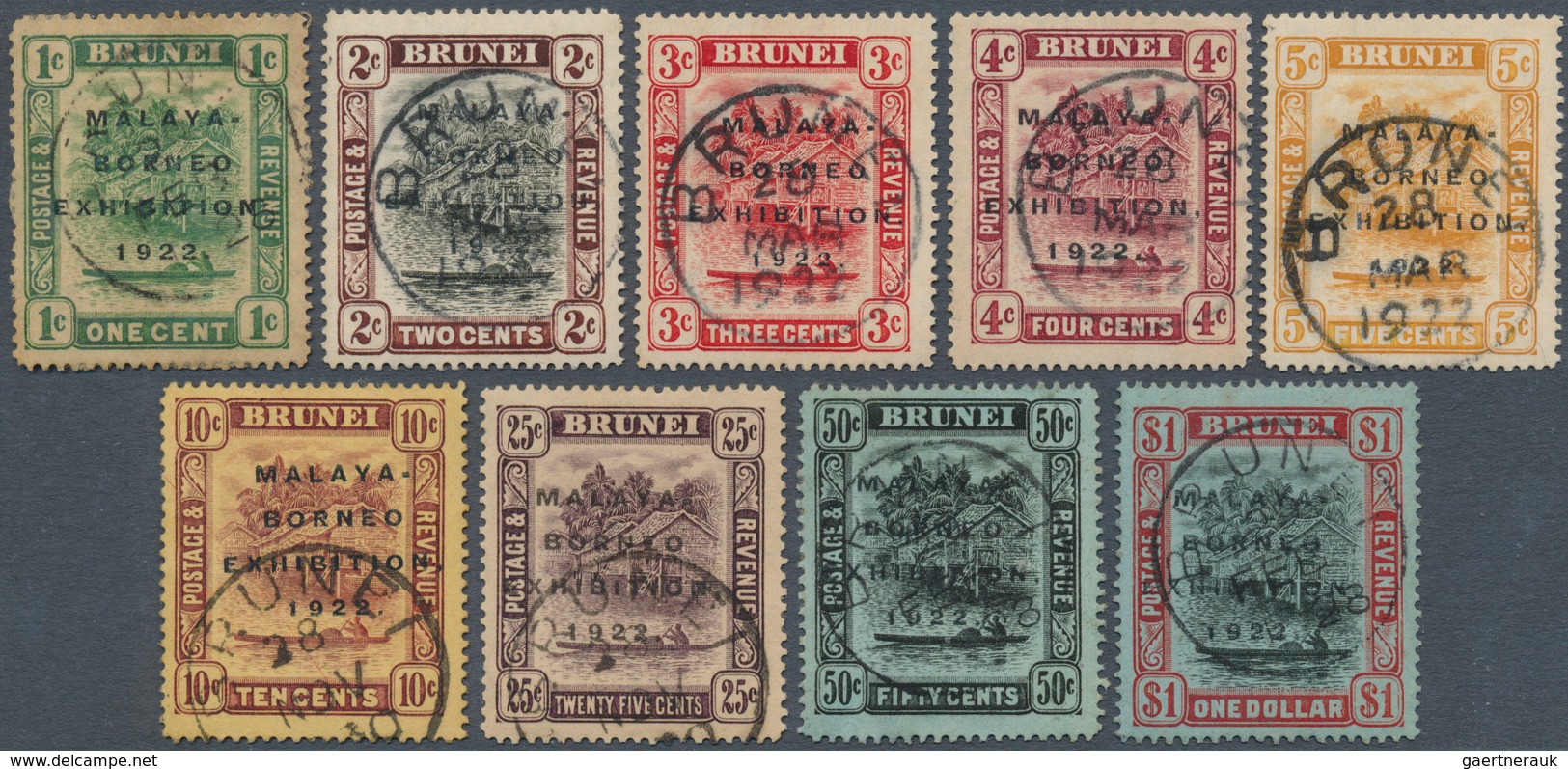 05031 Brunei: 1922 Malay-Borneo Exhibition Complete Set Of Nine Including 25c. And $1 With Variety Broken - Brunei (1984-...)