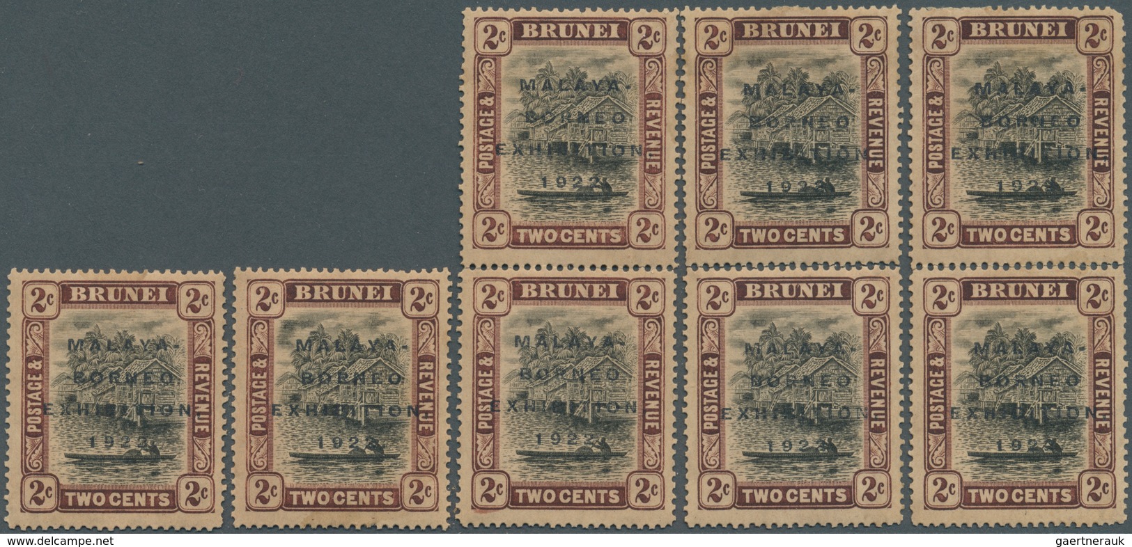 05032 Brunei: 1922 Malaya-Borneo Exhibition group of 25 mint stamps denom. 2c.(x8), 3c.(x6), 4c.(x6) and 5