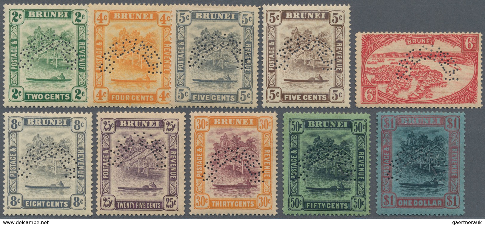 05035 Brunei: 1924/1933, 'Huts And Canoe And Water Village' Ten Different Stamps Perforated SPECIMEN, Mint - Brunei (1984-...)