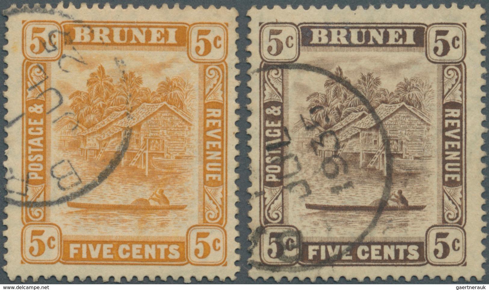 05036 Brunei: 1924/1933, 'Huts And Canoe' 5c. Orange And 5c. Brown Both With Variety 'RETOUCHED 5c', Very - Brunei (1984-...)