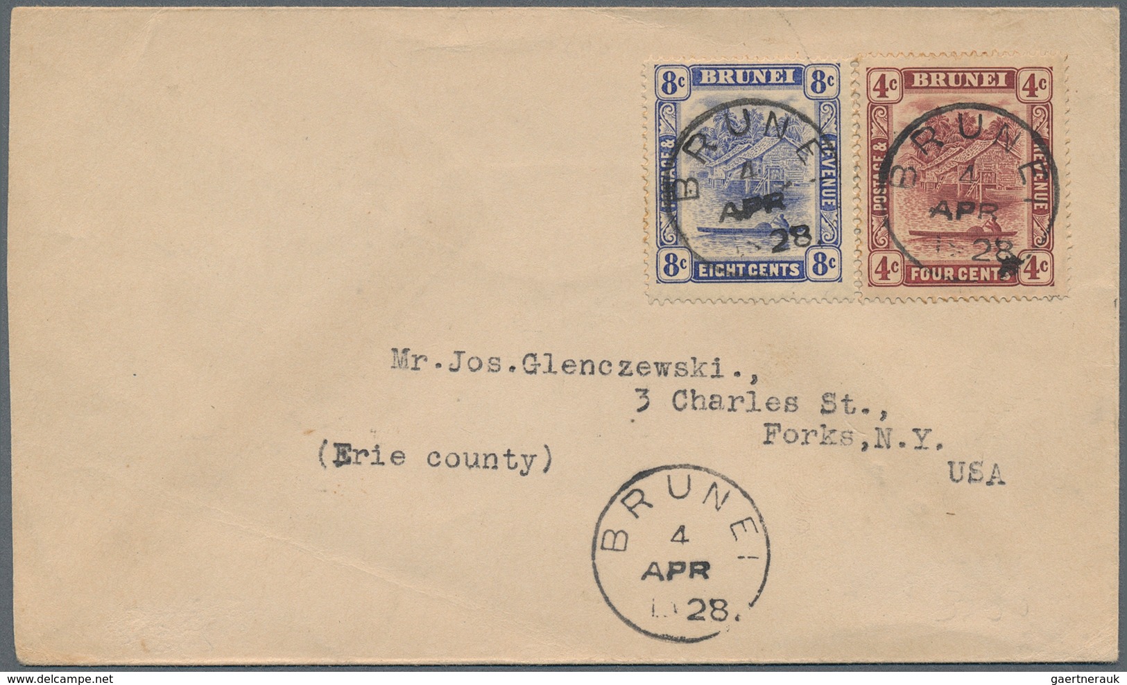 05037 Brunei: 1928, 4 C Maroon And 8 C Ultramarine, Mixed Franking On Cover With Cds BRUNEI, 4 APR 1928 (P - Brunei (1984-...)