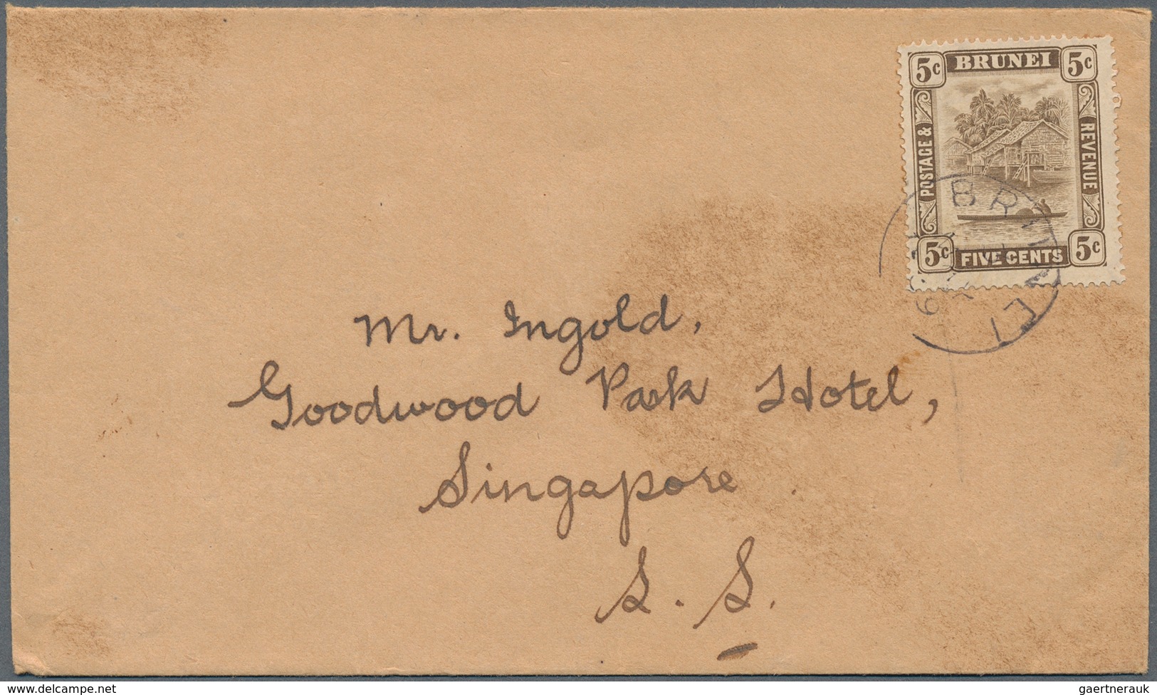 05045 Brunei: 1939, 5 C Chocolate, Single Franking On Cover With Cds BRUNEI, 3 MAY 1939, Sent To Singapore - Brunei (1984-...)