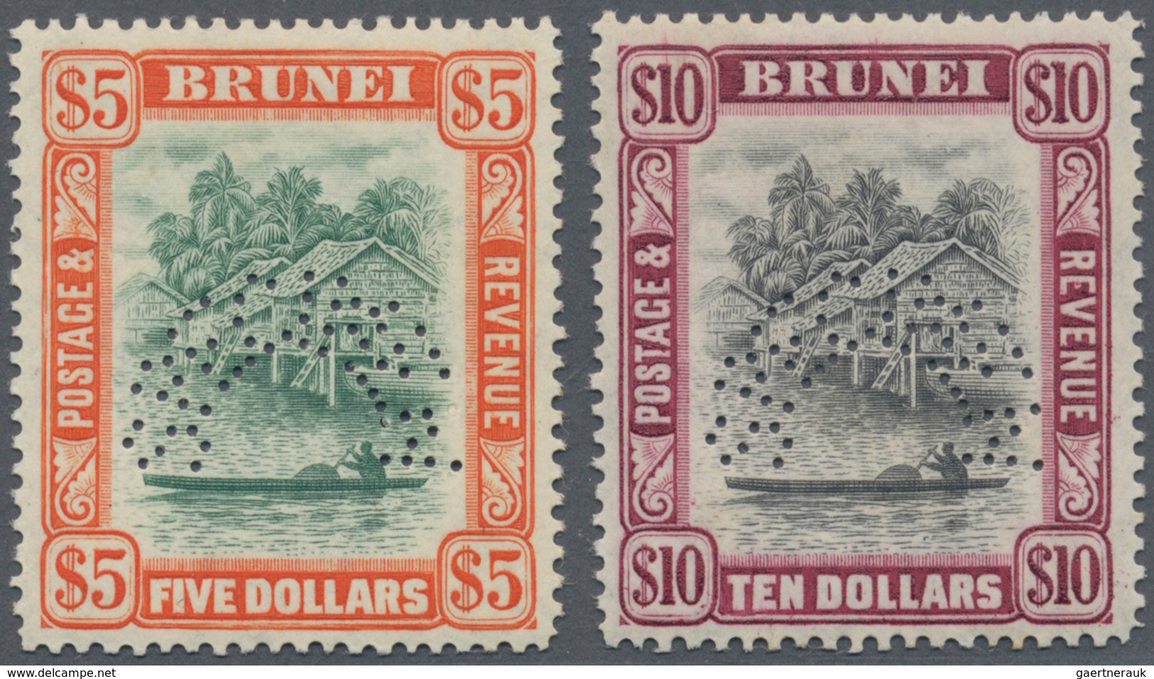 05083 Brunei: 1948, 'Huts And Canoe' With Mult. Script CA Wmk. $5 Green/red-orange And $10 Black/purple Bo - Brunei (1984-...)