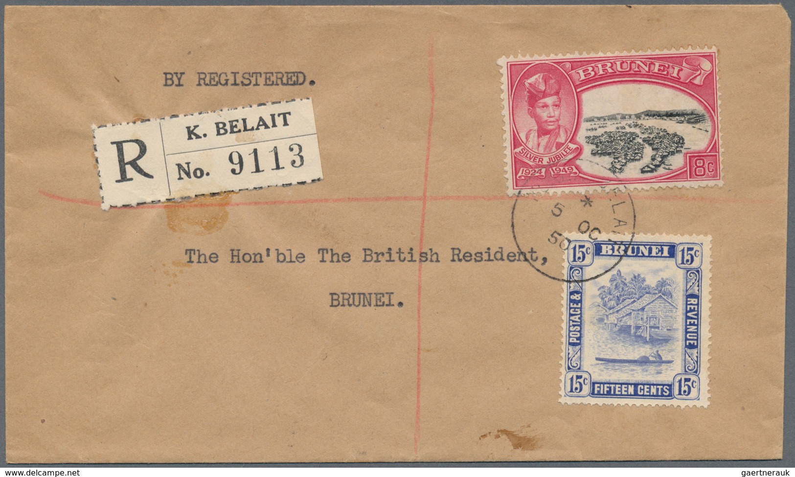 05084 Brunei: 1950, Registered Letter With 8c Silver Jubilee And 15c River Form KUALA BELAIT To The Britis - Brunei (1984-...)