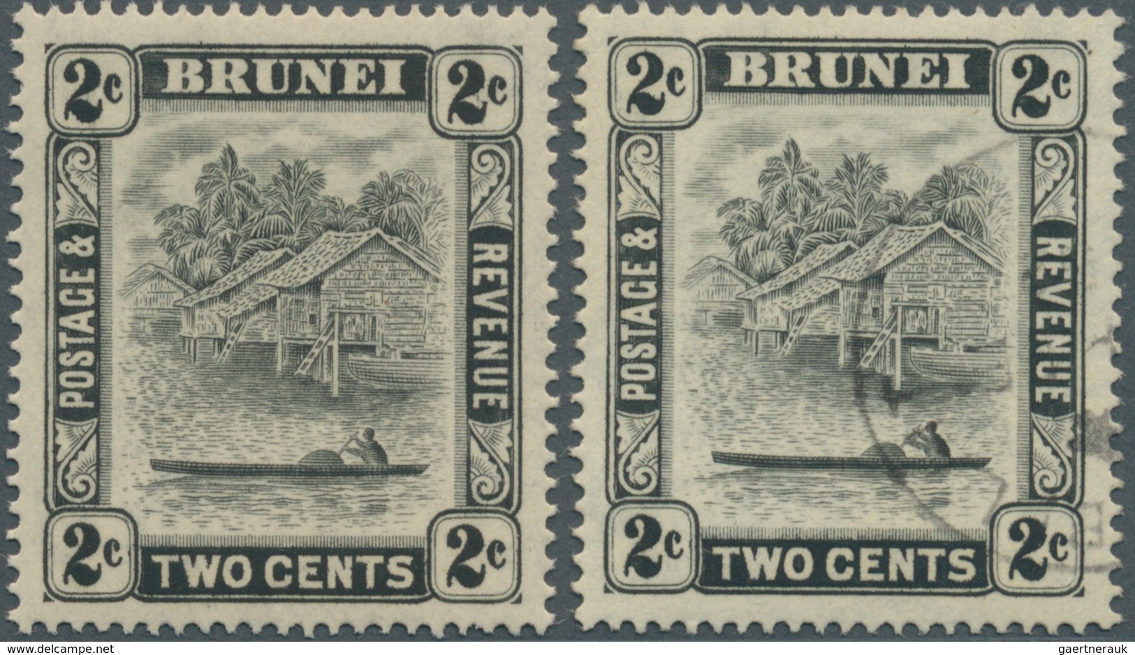 05085 Brunei: 1951, 'Huts And Canoe' 2c. Black With Variety 'Redrawn Clouds' MNH Or Fine Used (unpriced Us - Brunei (1984-...)