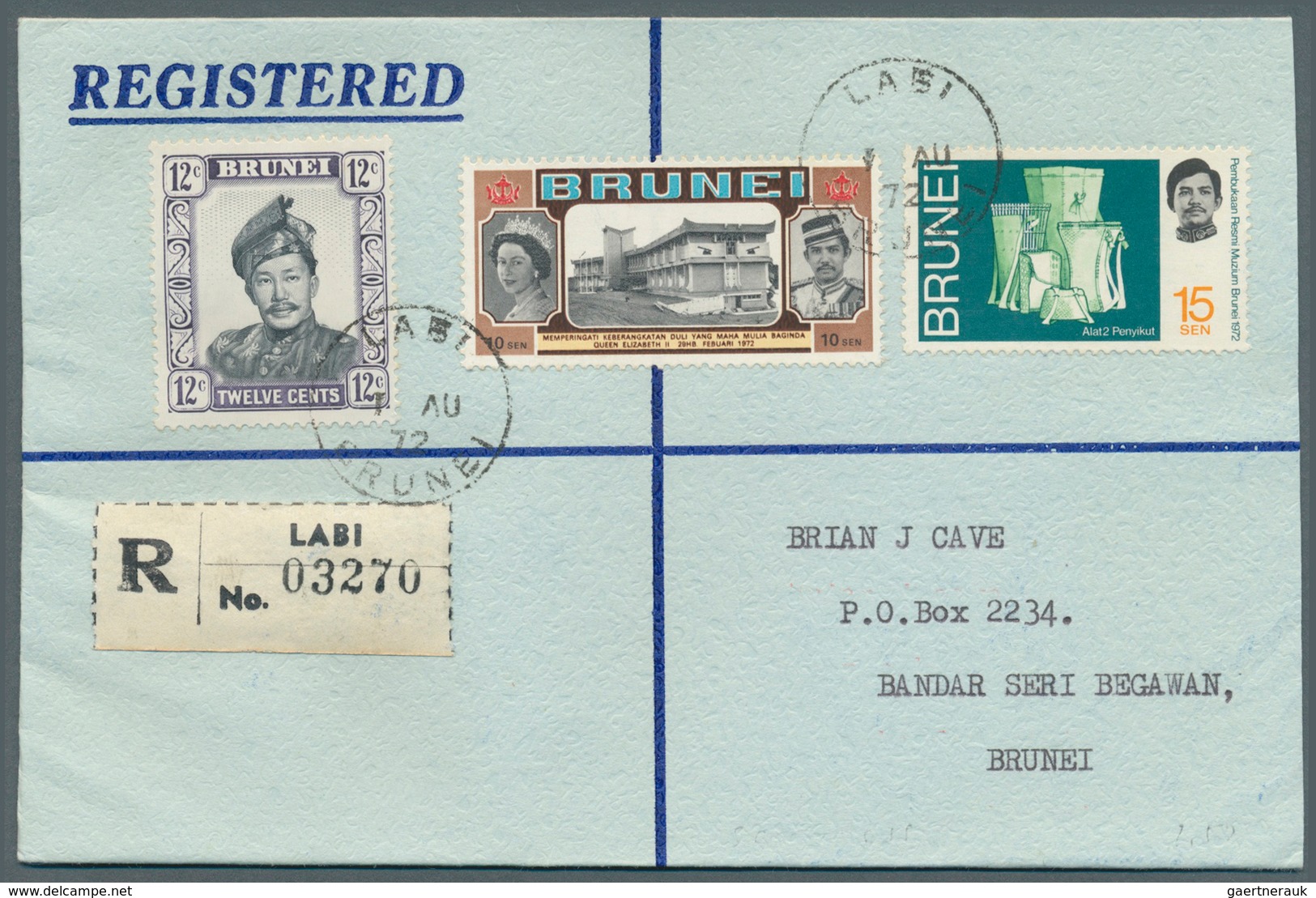 05107 Brunei - Stempel: LABI (type D2): 1968/74, four covers incl. airmails and two registered with black/