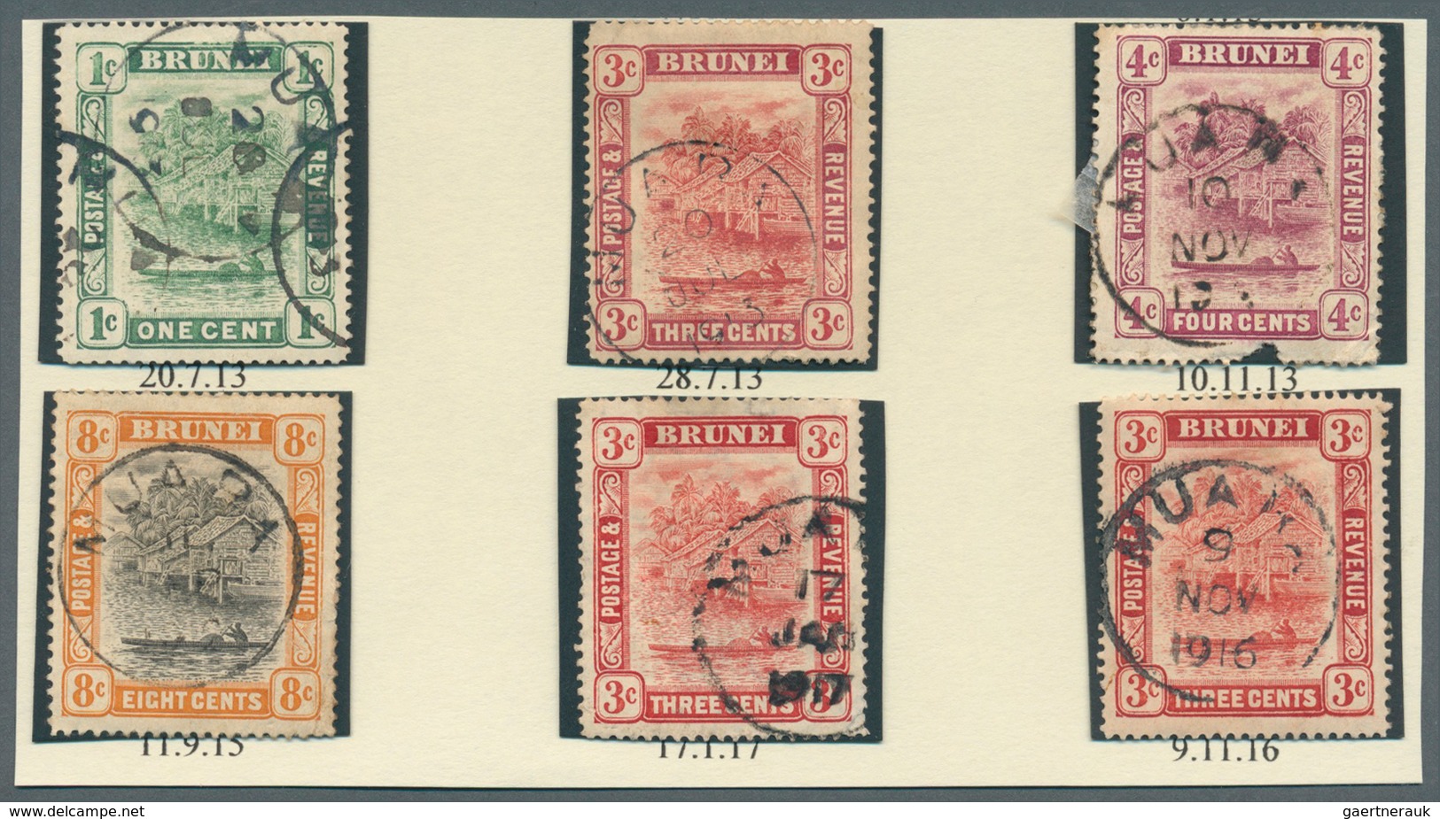 05109 Brunei - Stempel: MUARA (type D3): 1910/17, 15 `bush Huts And Canoe' Stamps With Good To Fine Cancel - Brunei (1984-...)