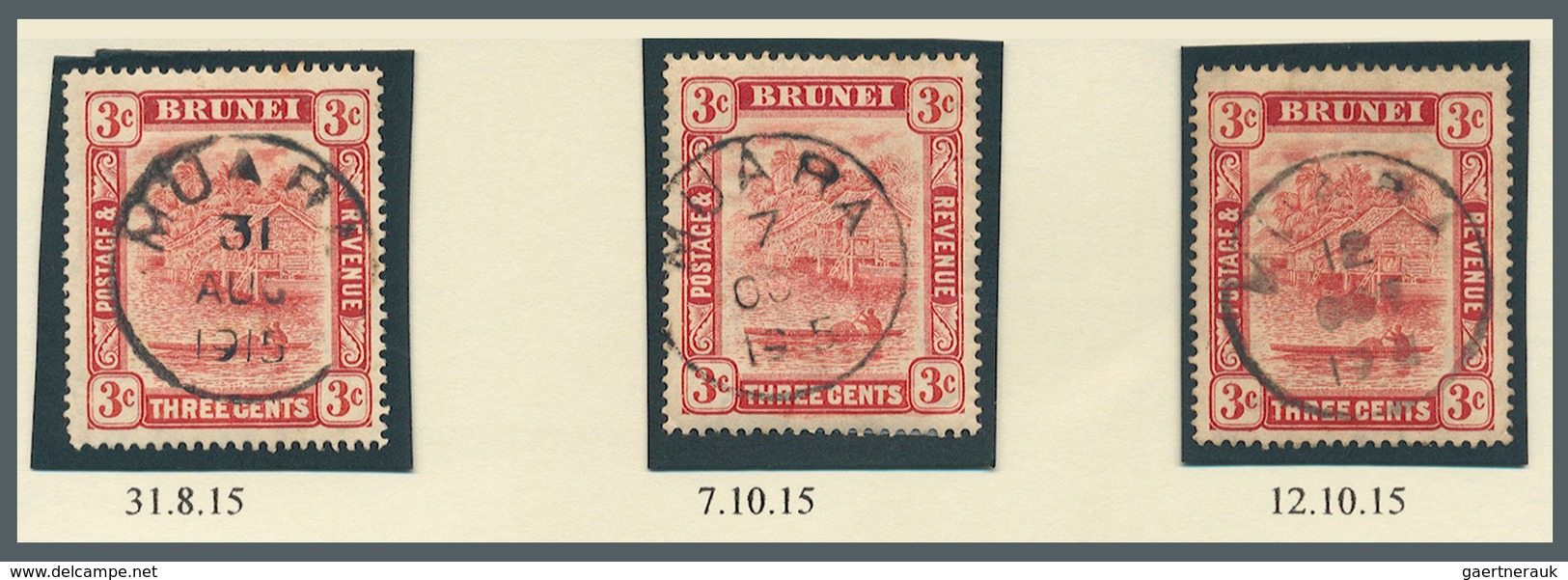 05110 Brunei - Stempel: MUARA (type D3): 1915, Three 3c `bush Huts And Canoe' Stamps With Clear Cancels Of - Brunei (1984-...)