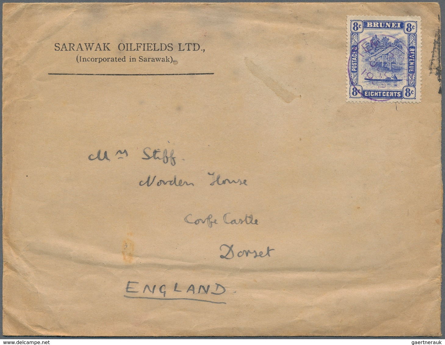 05113 Brunei - Stempel: 1932, 8 C Ultramarine, Single Franking On Preprinted Cover From "Sarawak Oilfields - Brunei (1984-...)