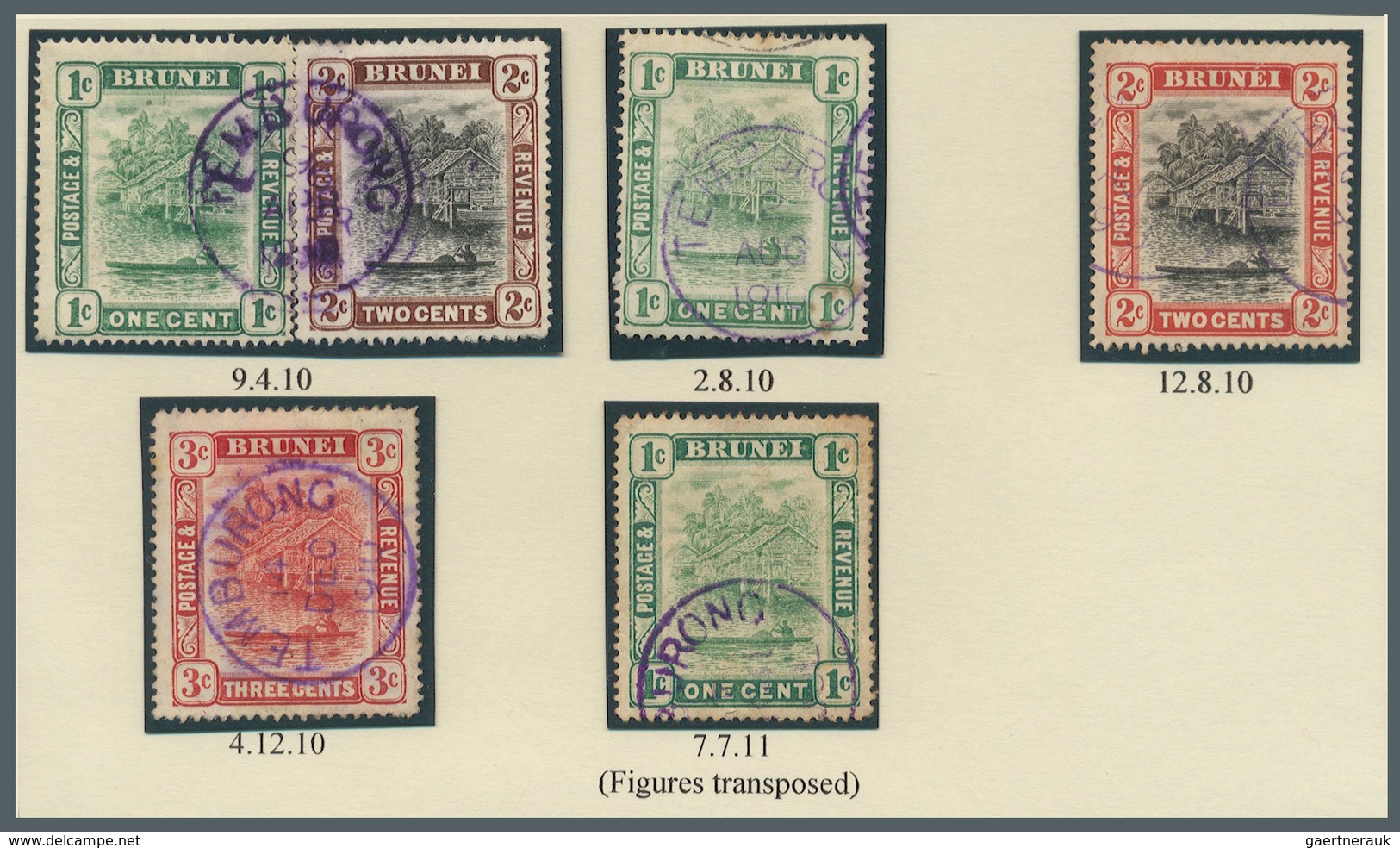 05114 Brunei - Stempel: TEMBURONG (type D2): 1910/11, Six `bush Huts And Canoe' Stamps With Good To Fine C - Brunei (1984-...)