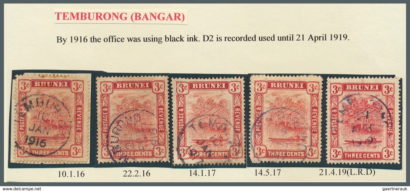 05115 Brunei - Stempel: TEMBURONG (type D2): 1916/19, Five 3c Red `bush Huts And Canoe' Stamps Incl. One O - Brunei (1984-...)