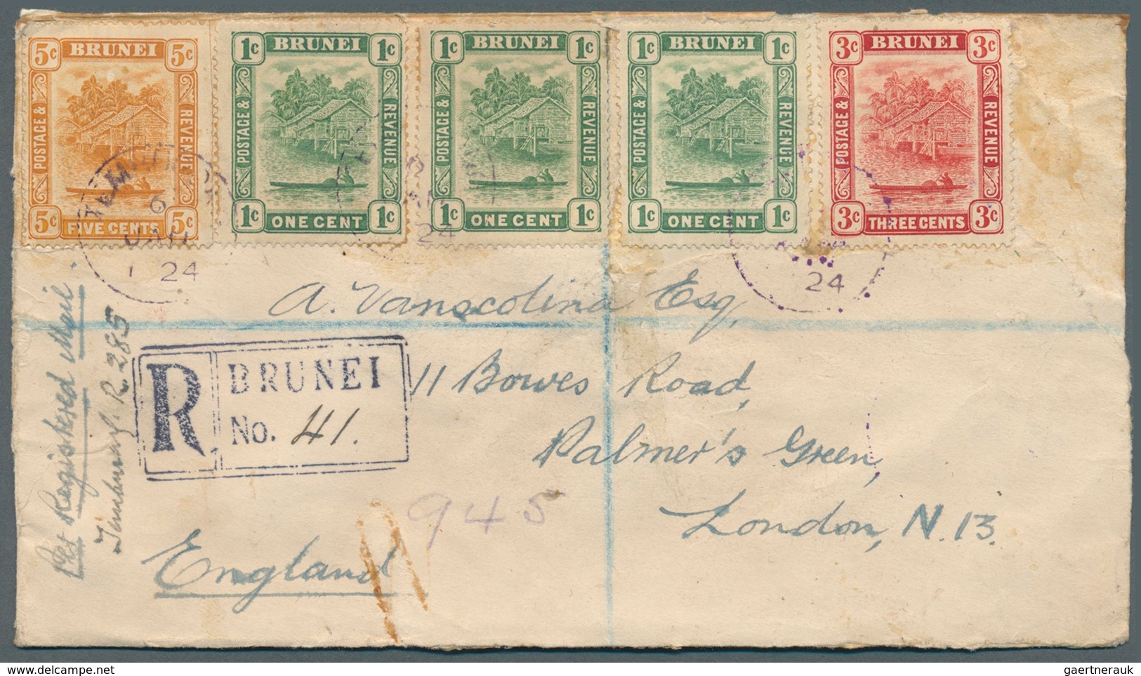 05117 Brunei - Stempel: TEMBURONG (type D3): 1924 (6.1.), Registered Cover Bearing 14 `bush Huts And Canoe - Brunei (1984-...)