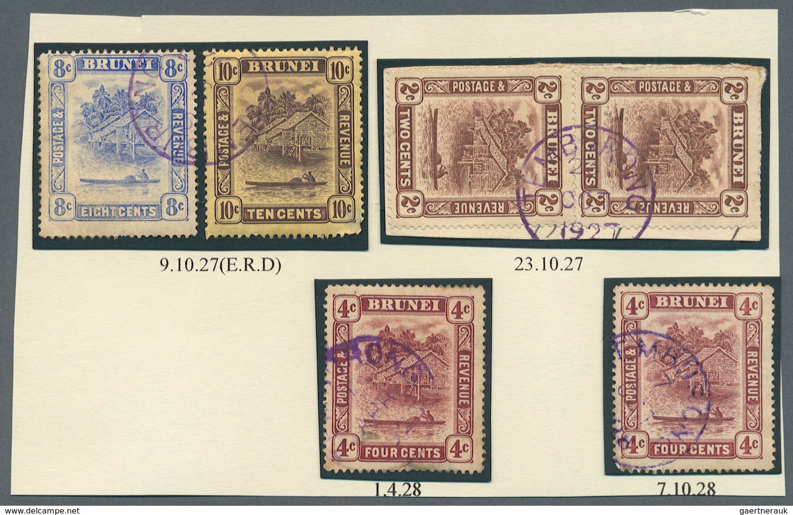 05120 Brunei - Stempel: TEMBURONG (type D4): 1927/31, 13 `bush Huts And Canoe' Stamps Incl. Five On Pieces - Brunei (1984-...)