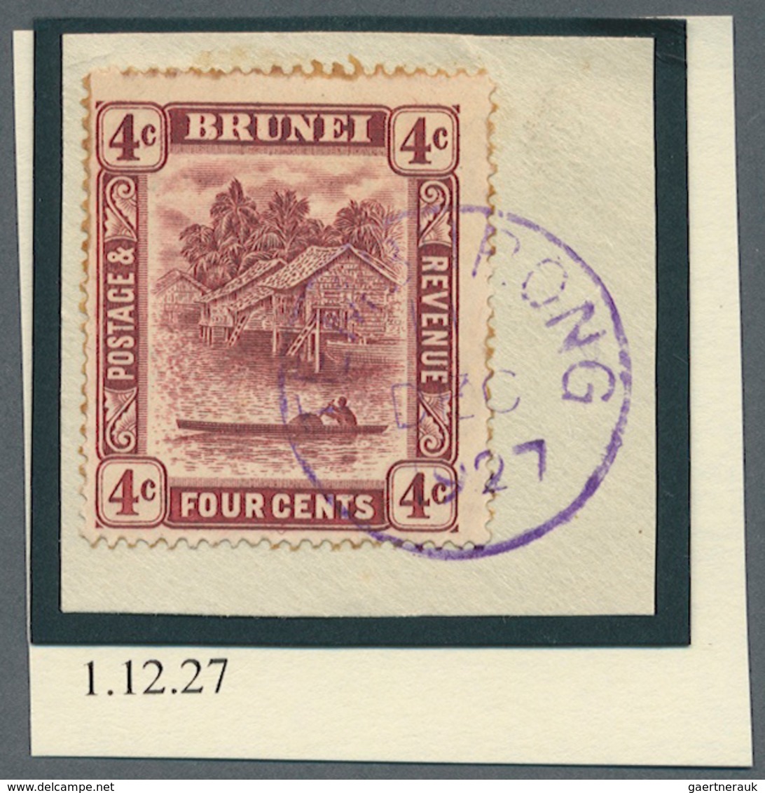 05120 Brunei - Stempel: TEMBURONG (type D4): 1927/31, 13 `bush Huts And Canoe' Stamps Incl. Five On Pieces - Brunei (1984-...)