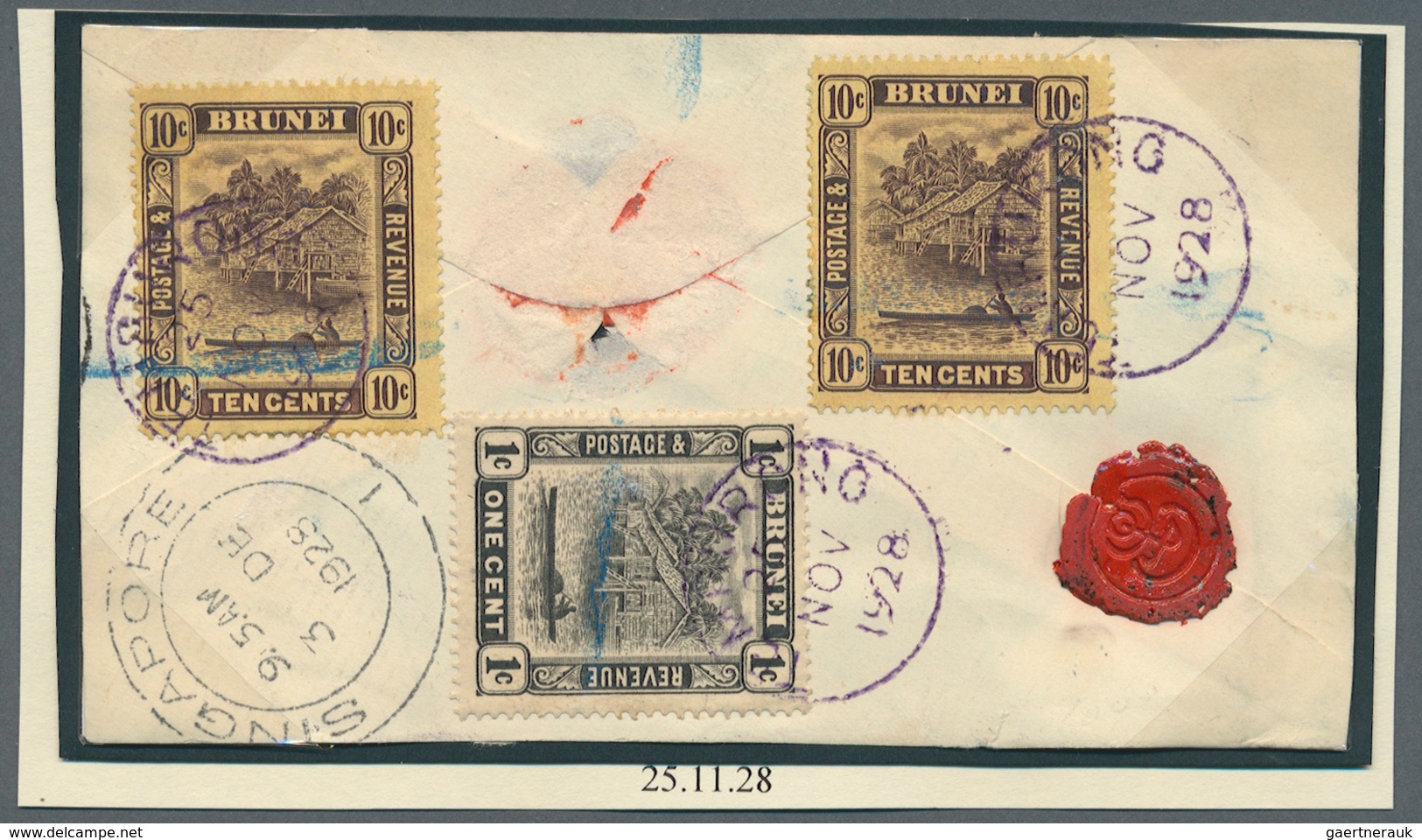 05120 Brunei - Stempel: TEMBURONG (type D4): 1927/31, 13 `bush Huts And Canoe' Stamps Incl. Five On Pieces - Brunei (1984-...)